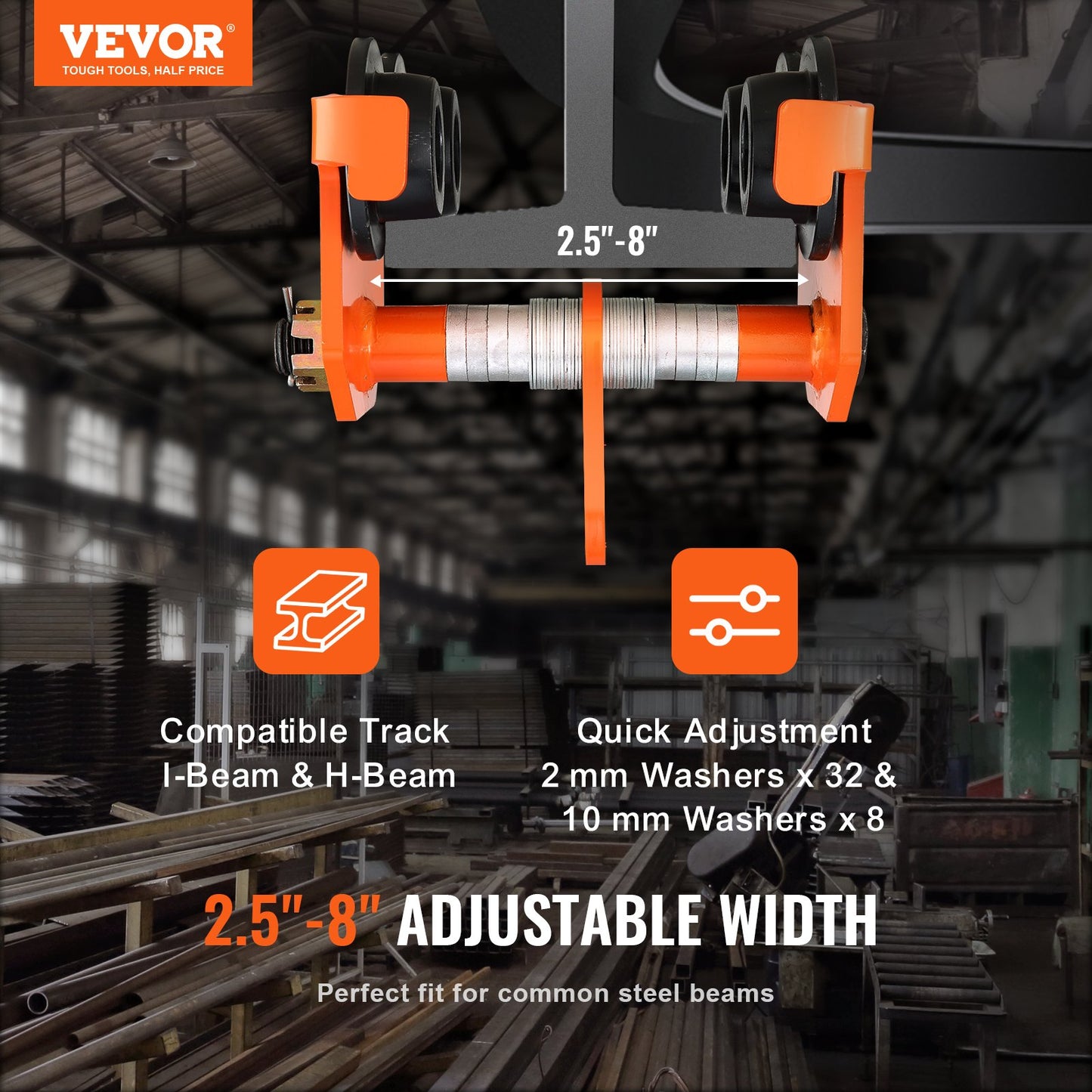 VEVOR Manual Trolley, 2200 lbs/1 Ton Load Capacity, Push Beam Trolley with Dual Wheels