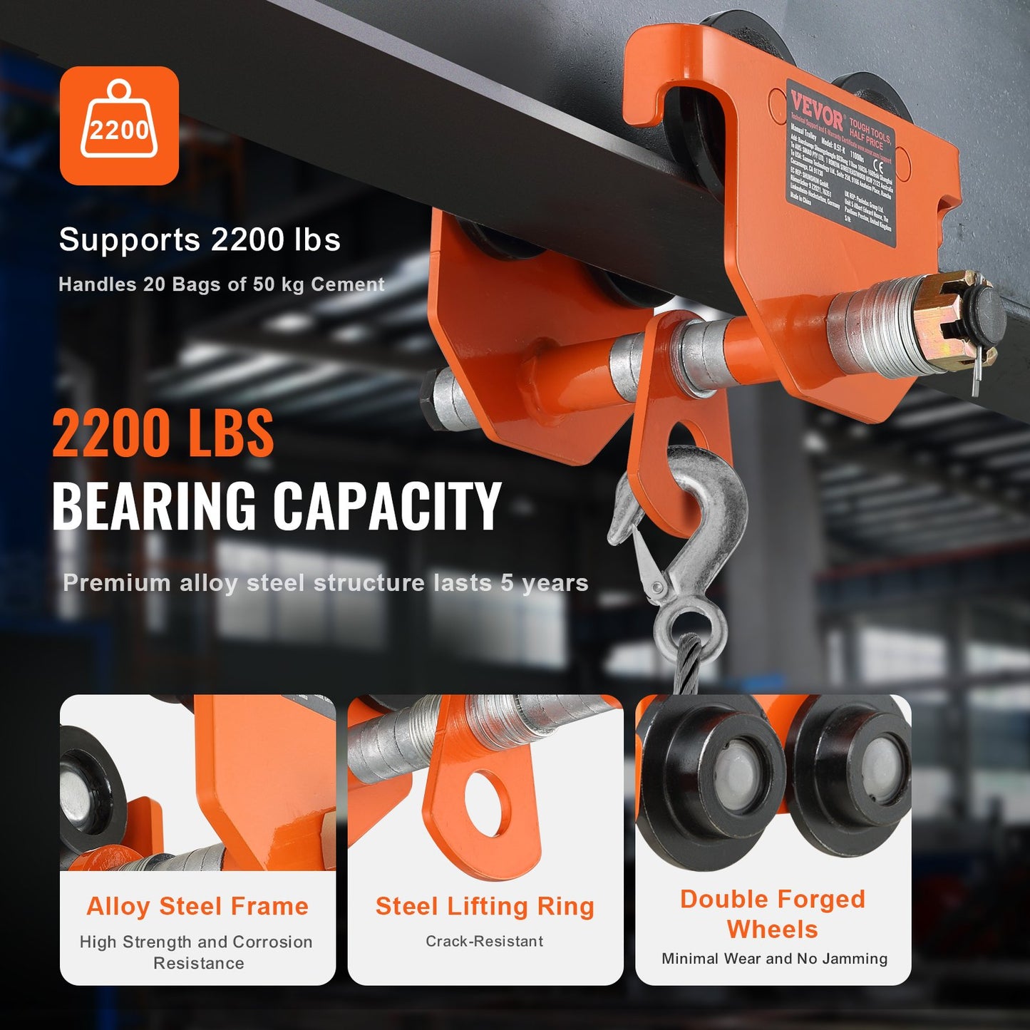 VEVOR Manual Trolley, 2200 lbs/1 Ton Load Capacity, Push Beam Trolley with Dual Wheels