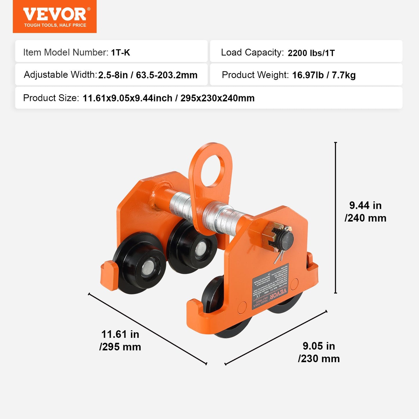 VEVOR Manual Trolley, 2200 lbs/1 Ton Load Capacity, Push Beam Trolley with Dual Wheels