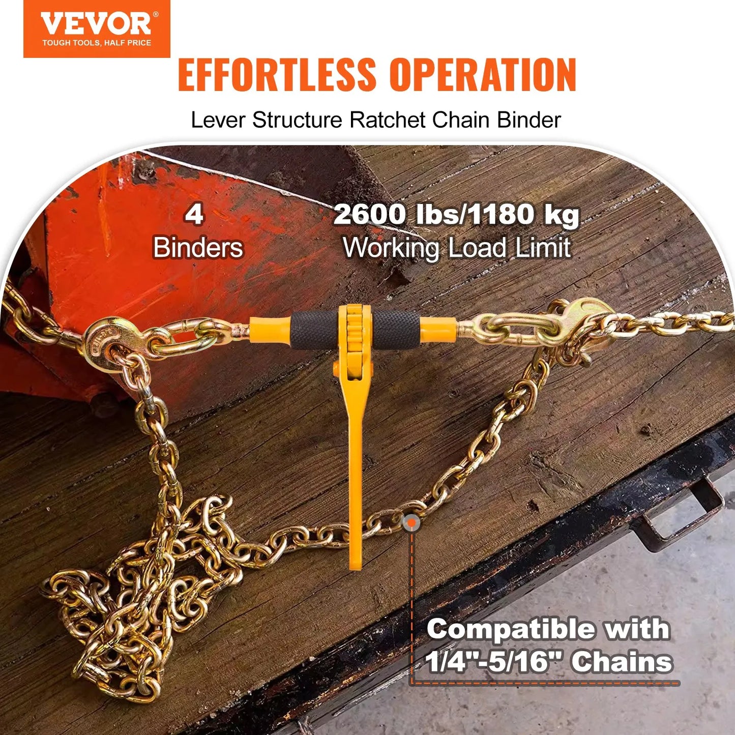 VEVOR Ratchet Chain Binders, 1/4"-5/16", 2600 lbs Safe Working Load, 4 Pack Load Binder with 2 Grab Hooks