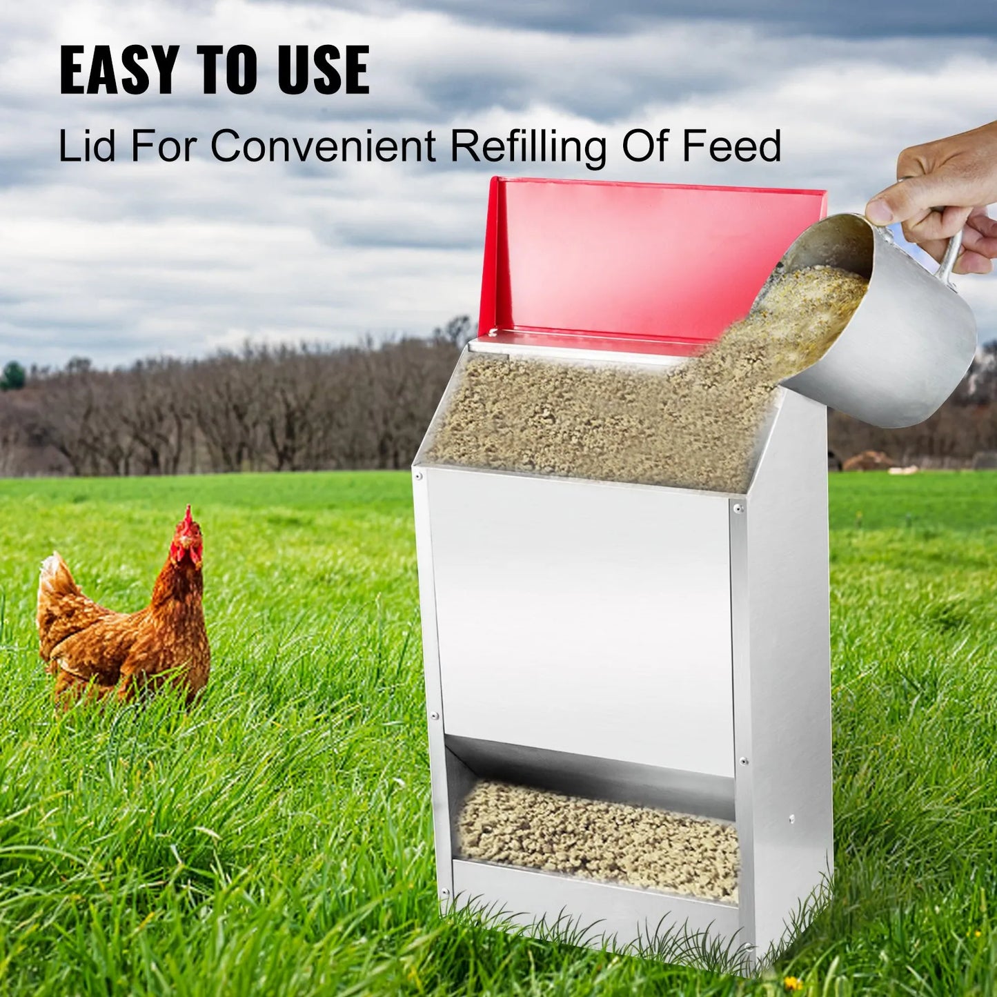VEVOR Galvanized Poultry Feeder Holds 50lbs of Feed Chicken Feeders No Waste 13.8x11x25.6in-$60