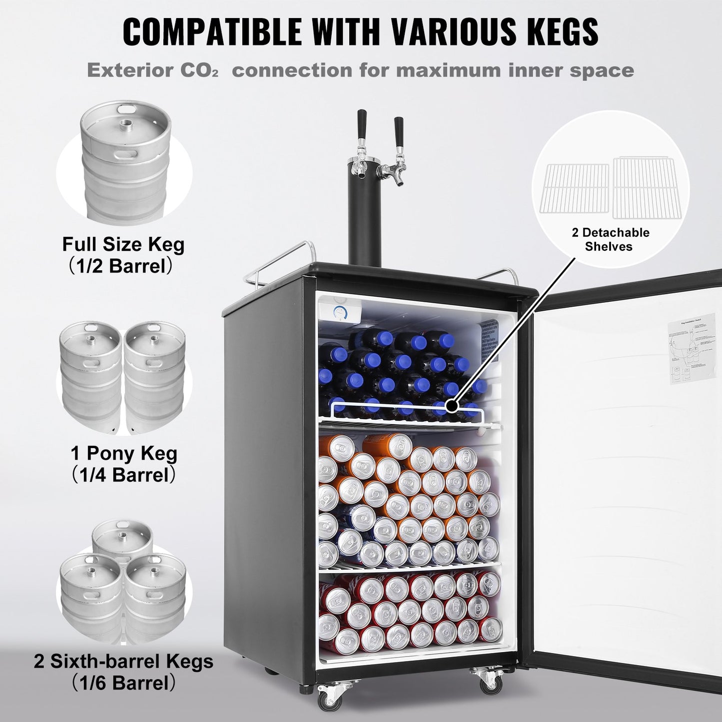 VEVOR Beer Kegerator, Dual Tap Draft Beer Dispenser, Full Size Keg Refrigerator With Shelves, CO2 Cylinder