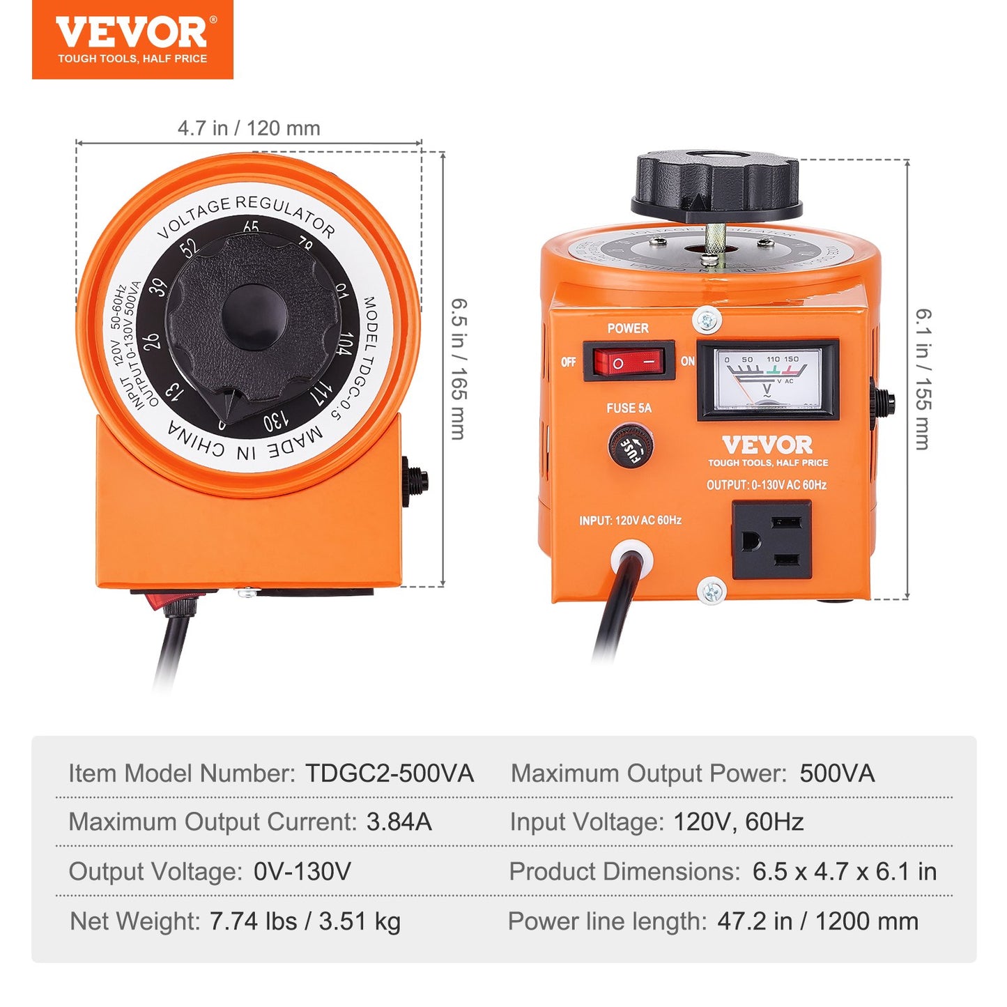 VEVOR 500VA Auto Variable Voltage Transformer, 3.84 Amp, 110V Input 0-130V Output AC Voltage,-$40