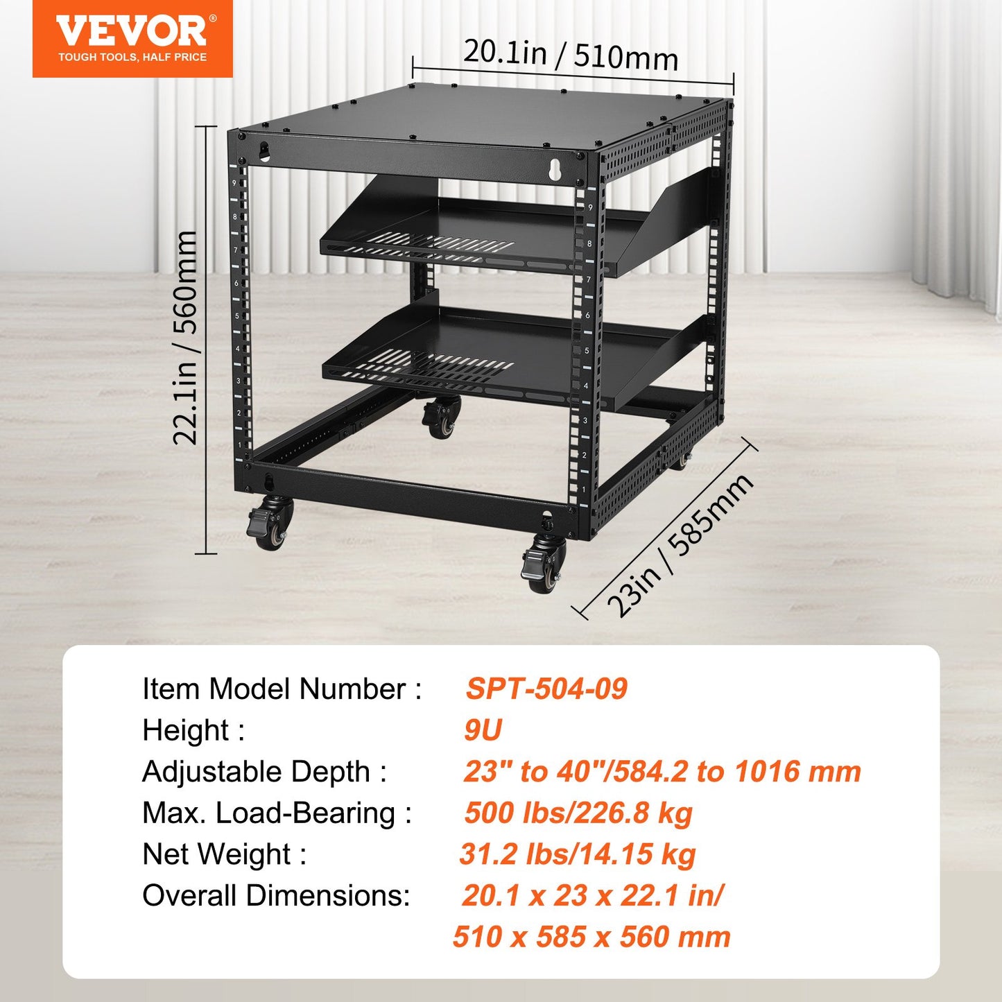 VEVOR 9U 4 Post Open Frame Server Rack Network Enclosure 23''-40'' Adjustable,-$60