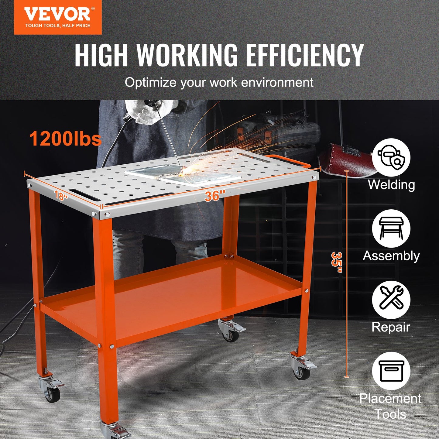VEVOR 36" x 18" Welding Table, 1200lbs Load Capacity Steel Welding Workbench Table on Wheels,-$120