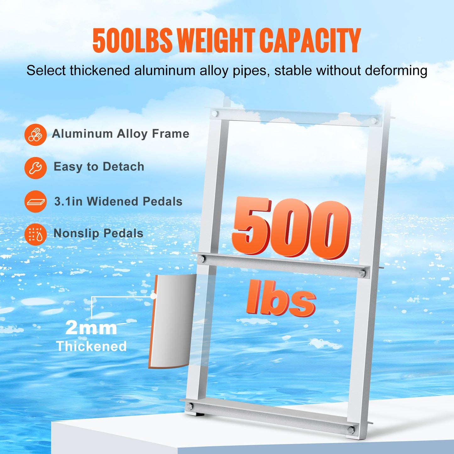 VEVOR Dock Ladder, Removable 3 Steps, 500 lbs Load Capacity, Aluminum Alloy Pontoon Boat Ladder,-$60