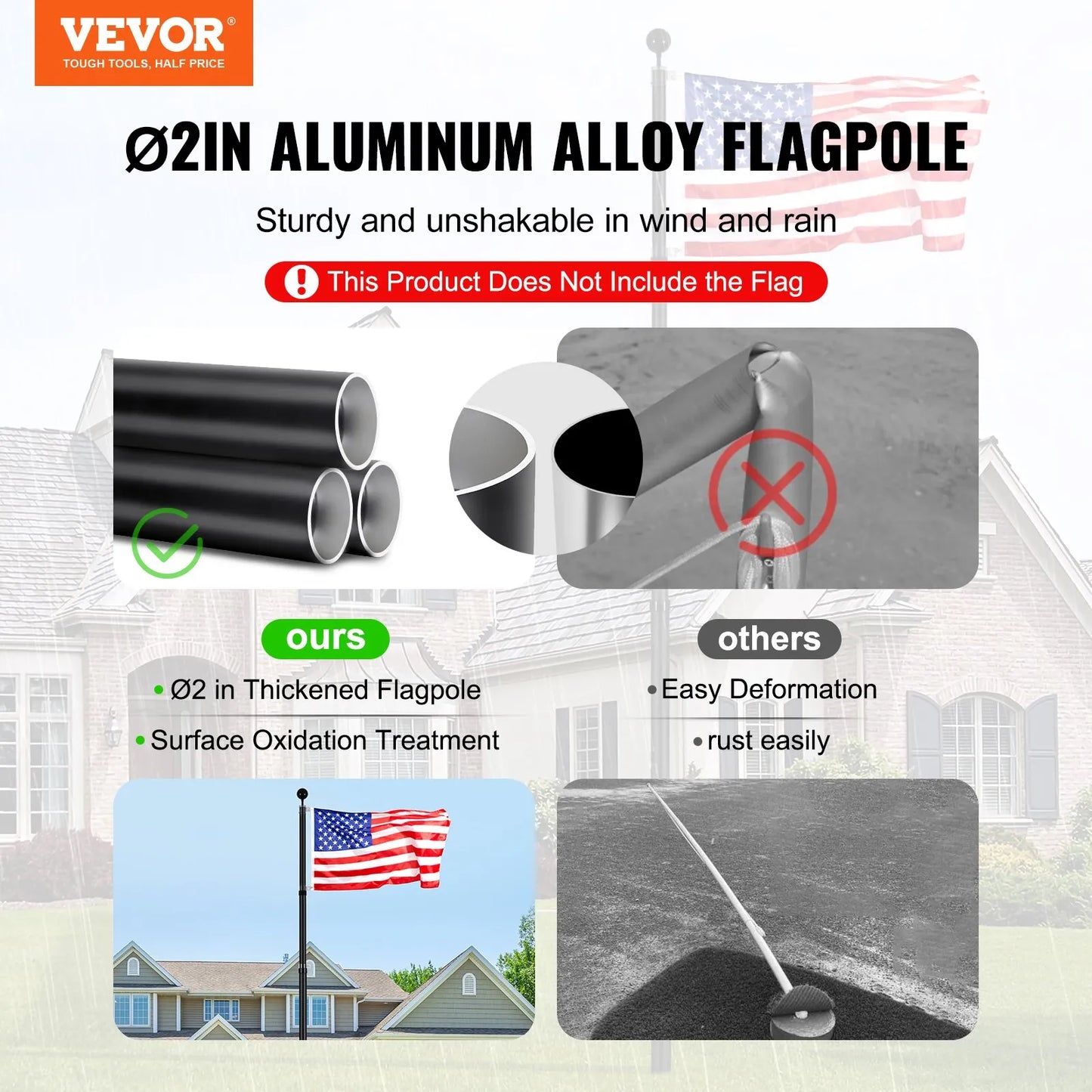 VEVOR 25FT Telescopic Flagpole Kit, Heavy Duty Aluminum Alloy Flag Pole Kit in Ground for Outside,-$50