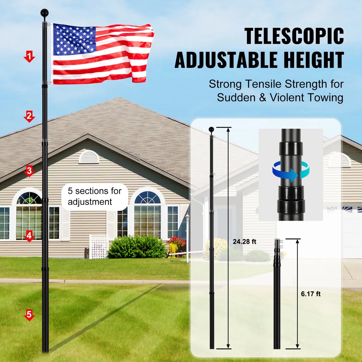 VEVOR 25FT Telescopic Flagpole Kit, Heavy Duty Aluminum Alloy Flag Pole Kit in Ground for Outside,-$50