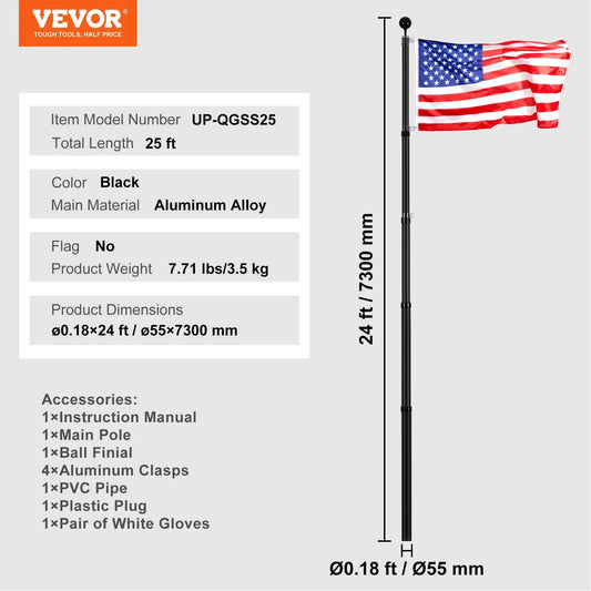 VEVOR 25FT Telescopic Flagpole Kit, Heavy Duty Aluminum Alloy Flag Pole Kit in Ground for Outside,-$50