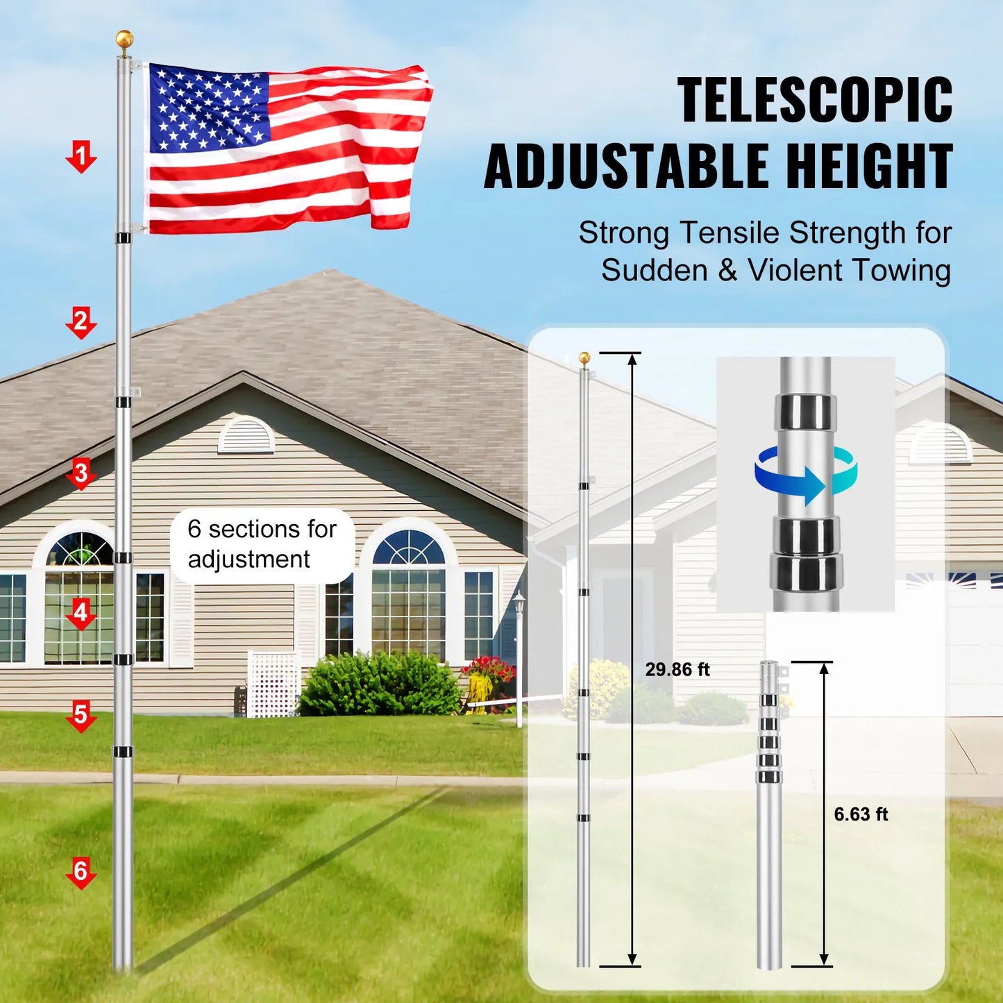 VEVOR 30FT Telescopic Flagpole Kit, Heavy Duty Aluminum Alloy Flag Pole Kit in Ground for Outside,-$55