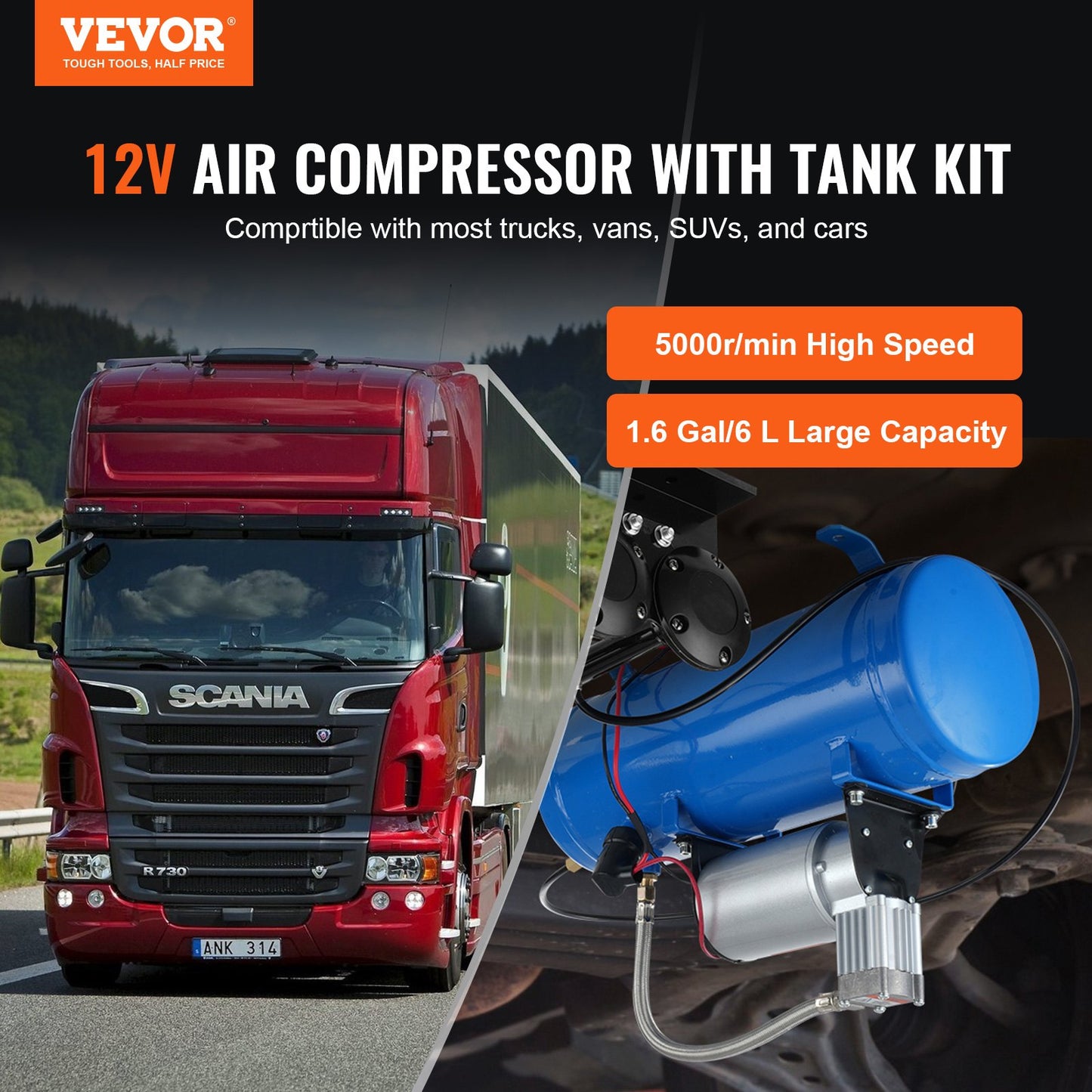 VEVOR 12V Air Compressor with Tank 1.6 Gallon/6 L, Train Horn Air Compressor, 120 psi Working Pressure,-$70