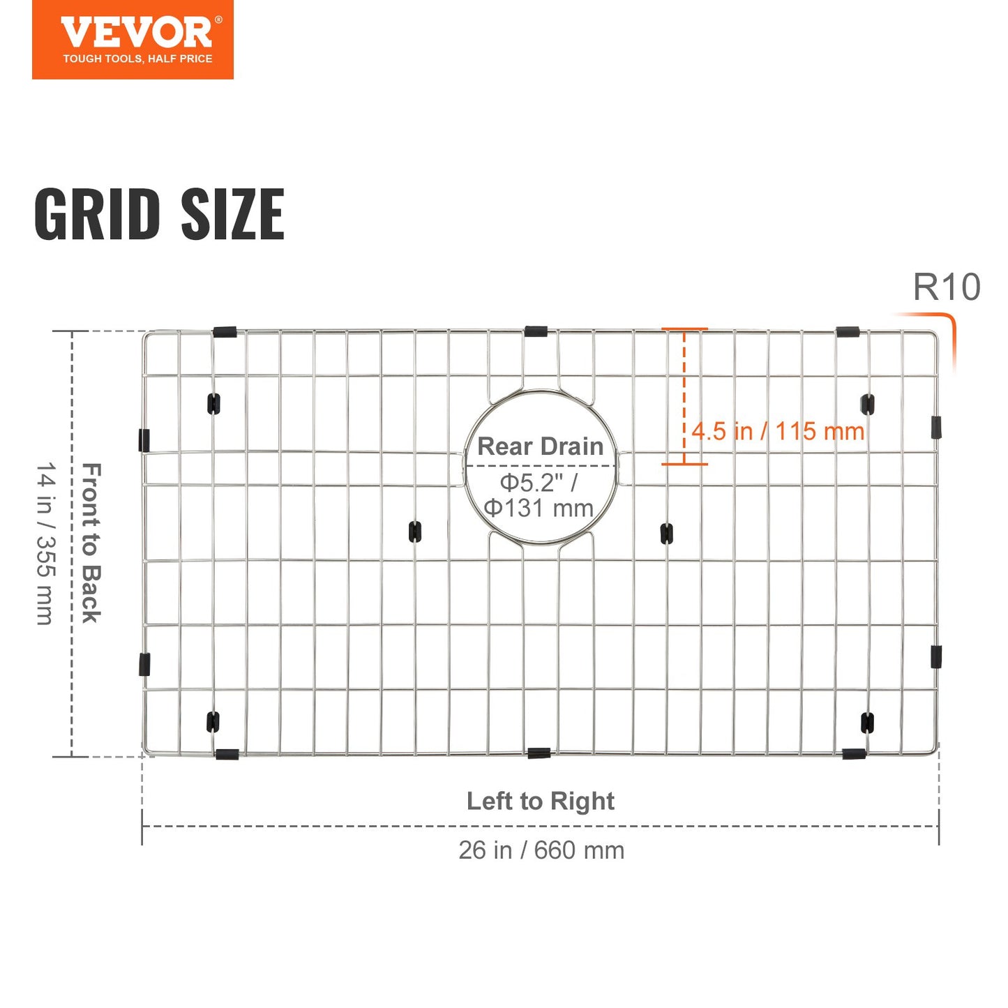 VEVOR Sink Protector Grid, 26"x14" Stainless Steel Sink Grates, Rear Drain Sink Grates W/R25 Corner Radius,