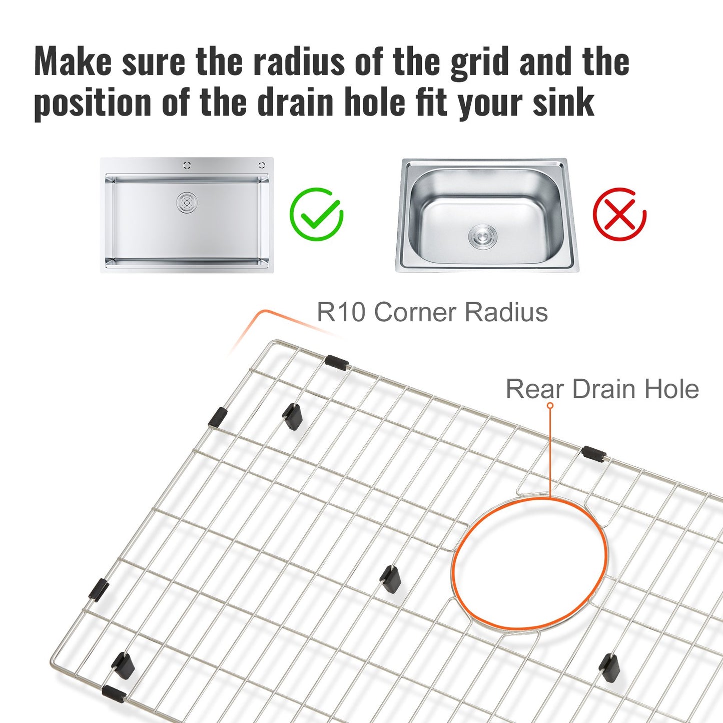 VEVOR Sink Protector Grid, 26"x14" Stainless Steel Sink Grates, Rear Drain Sink Grates W/R25 Corner Radius,