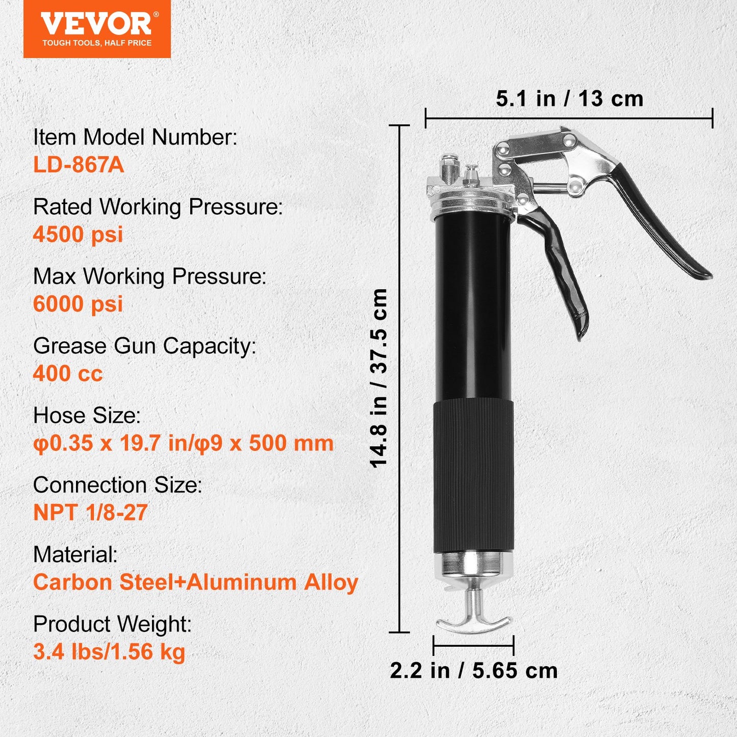 VEVOR Pistol Grip Grease Gun, 6000 PSI, 14 OZ / 400 CC Capacity Heavy Duty Professional Grease Gun,-$25