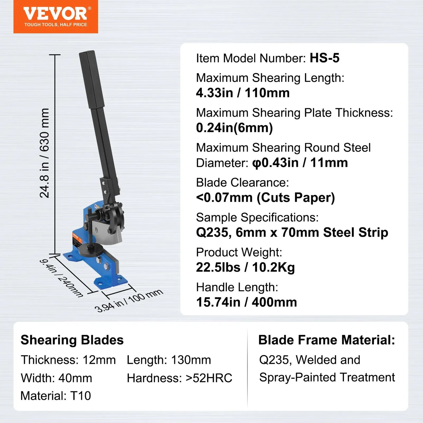 VEVOR 5" Manual Hand Plate Shear for Metal Sheet Processing, HS-5 Benchtop Cutter with Q235 Material,-$65