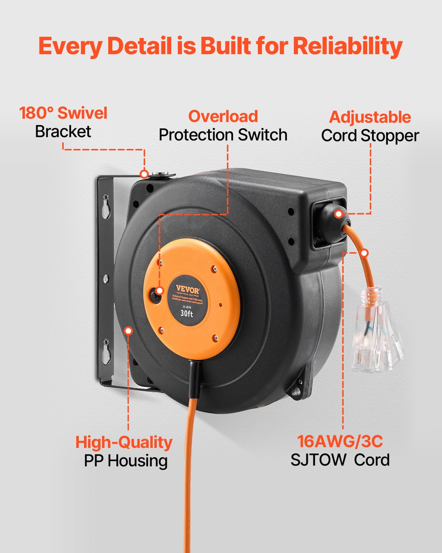 VEVOR Retractable Extension Cord Reel, 30 FT, Heavy Duty 16AWG/3C SJTOW Power Cord,-$45