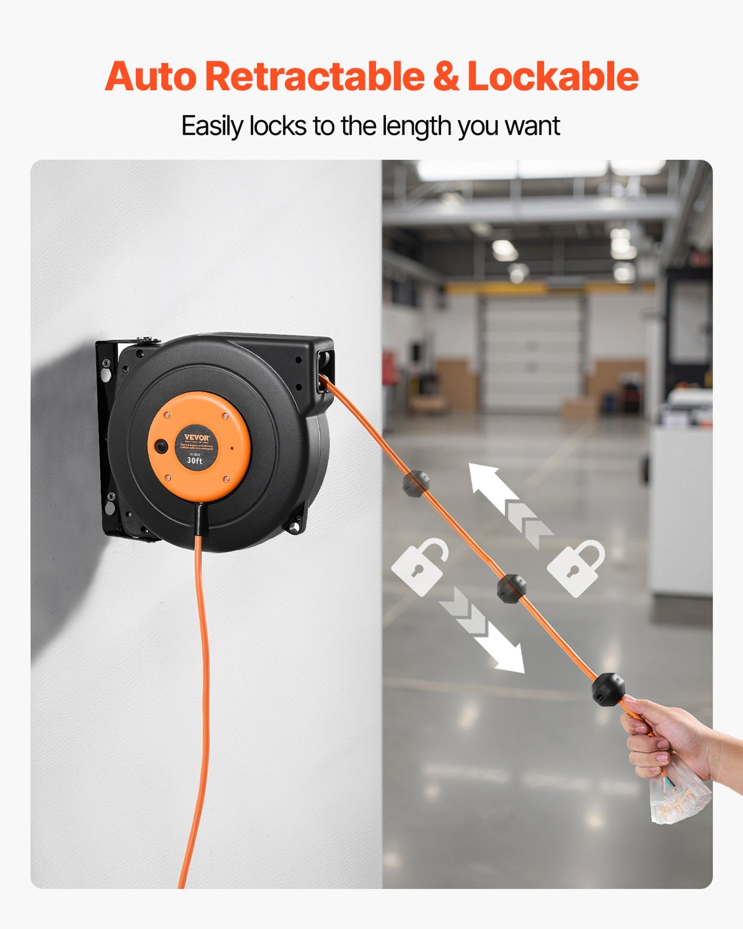 VEVOR Retractable Extension Cord Reel, 30 FT, Heavy Duty 16AWG/3C SJTOW Power Cord,-$45