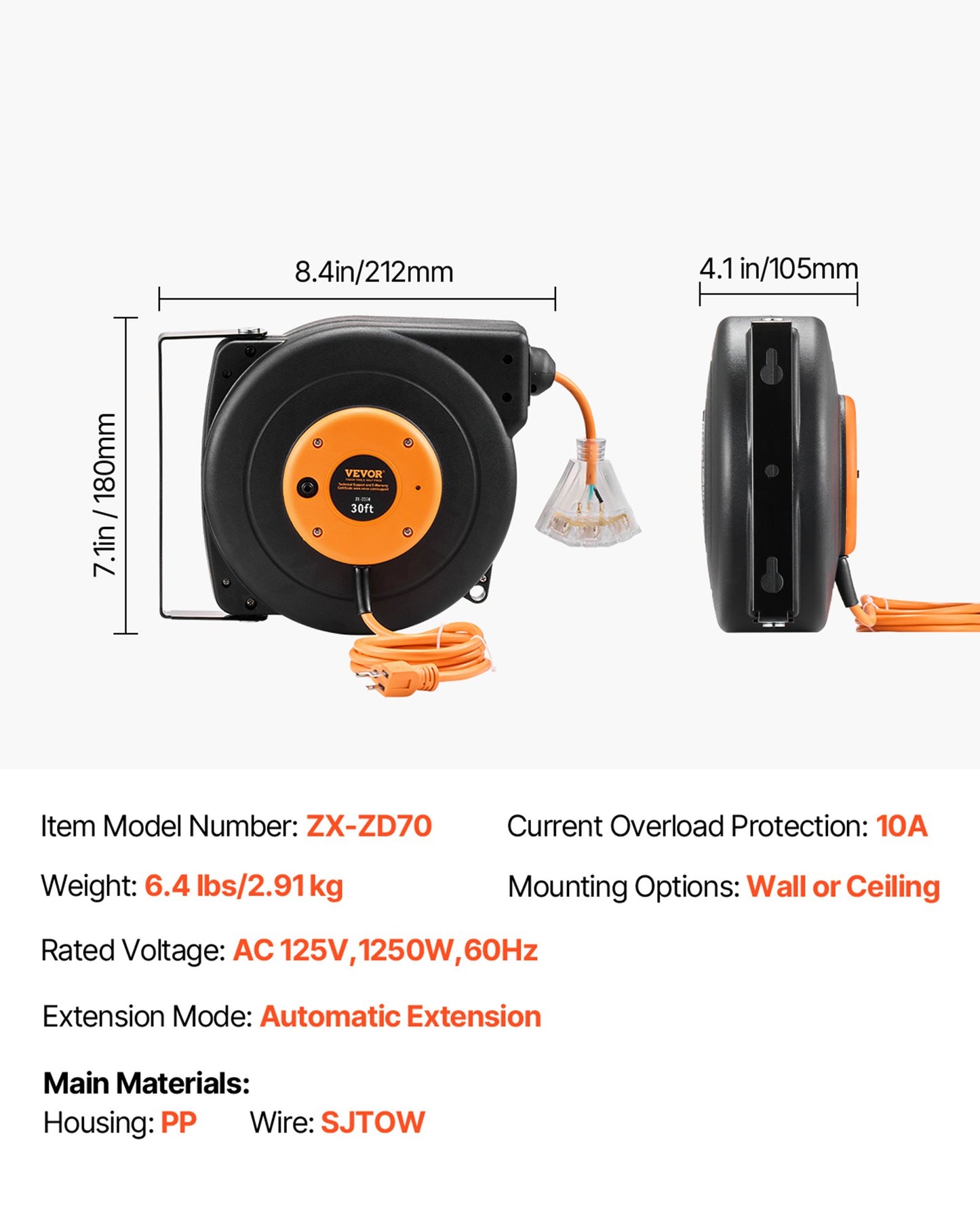 VEVOR Retractable Extension Cord Reel, 30 FT, Heavy Duty 16AWG/3C SJTOW Power Cord,-$45