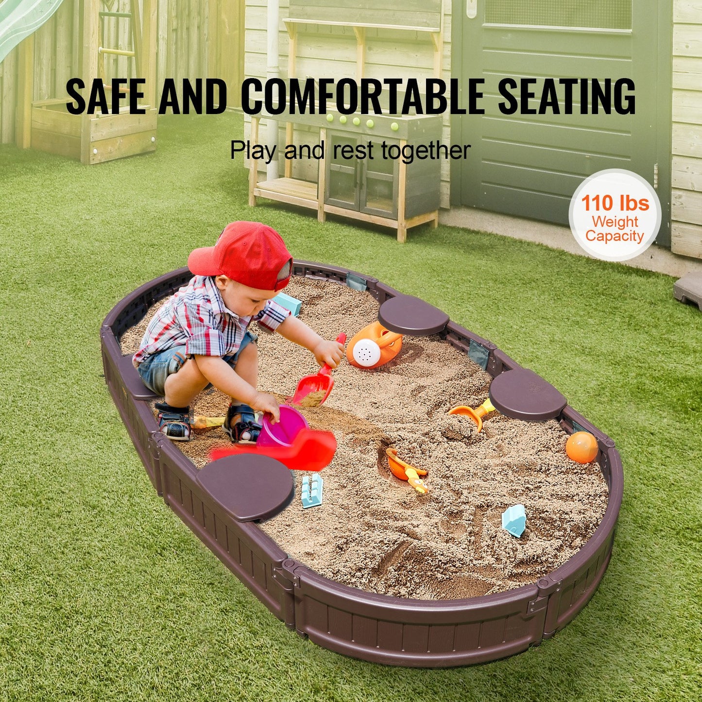 VEVOR Sandbox with Cover, 72 x 41.5 x 9.1 in Oval Sand Box, HDPE Sand Pit with 4 Corner Seating ,-$85