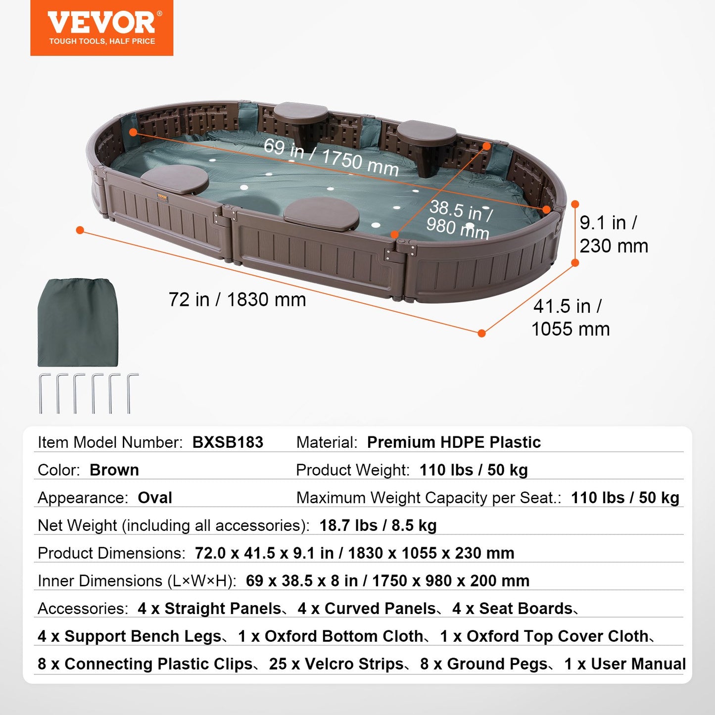 VEVOR Sandbox with Cover, 72 x 41.5 x 9.1 in Oval Sand Box, HDPE Sand Pit with 4 Corner Seating ,-$85