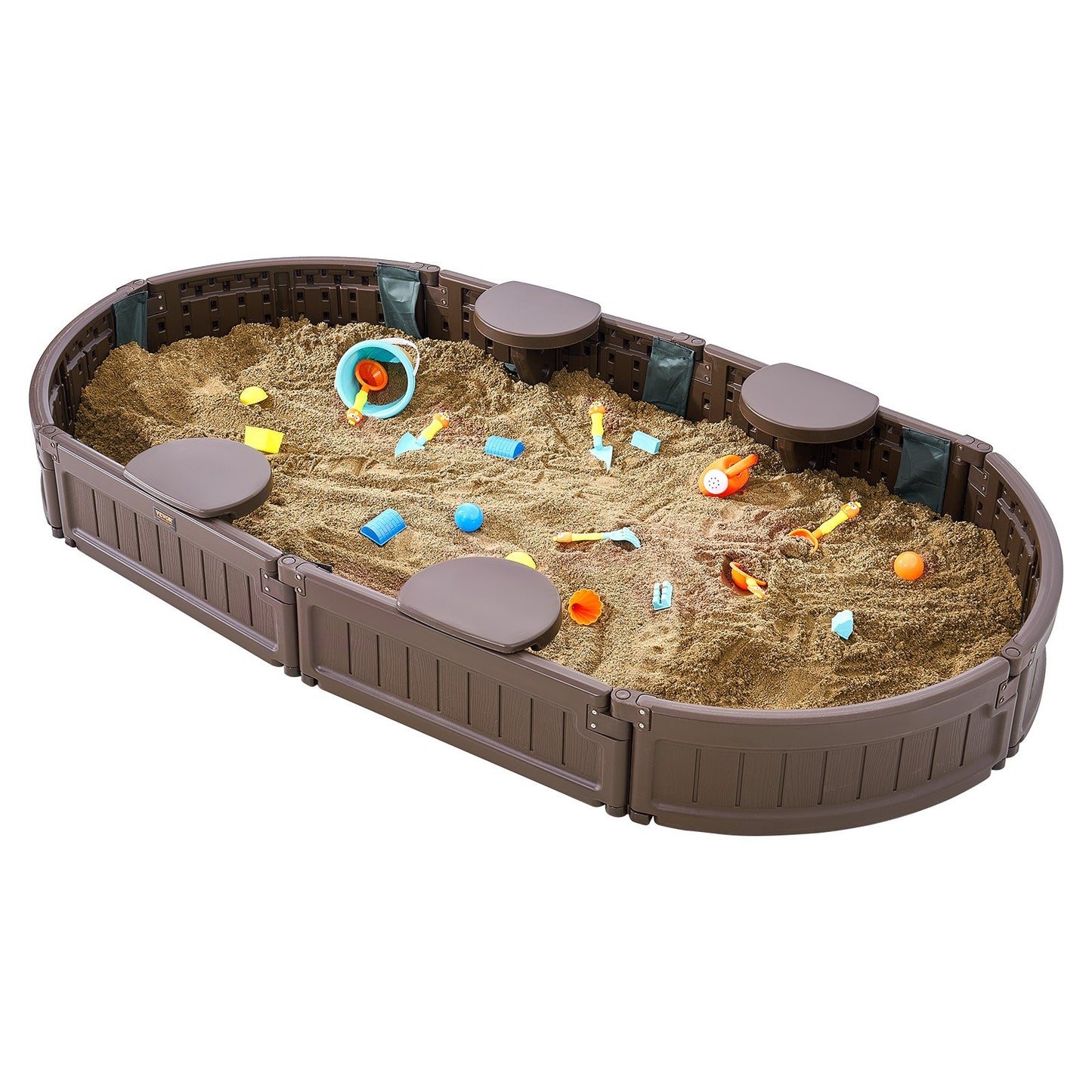 VEVOR Sandbox with Cover, 72 x 41.5 x 9.1 in Oval Sand Box, HDPE Sand Pit with 4 Corner Seating ,-$85