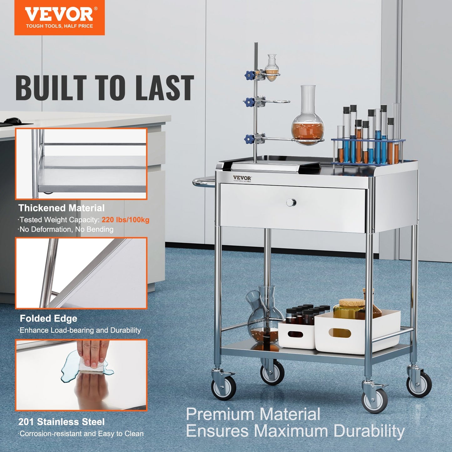 BNIB-VEVOR Cart, 2-Layer Stainless Steel Cart 220 lbs Weight Capacity, Lab Utility Cart W/ 360°Silent Wheels