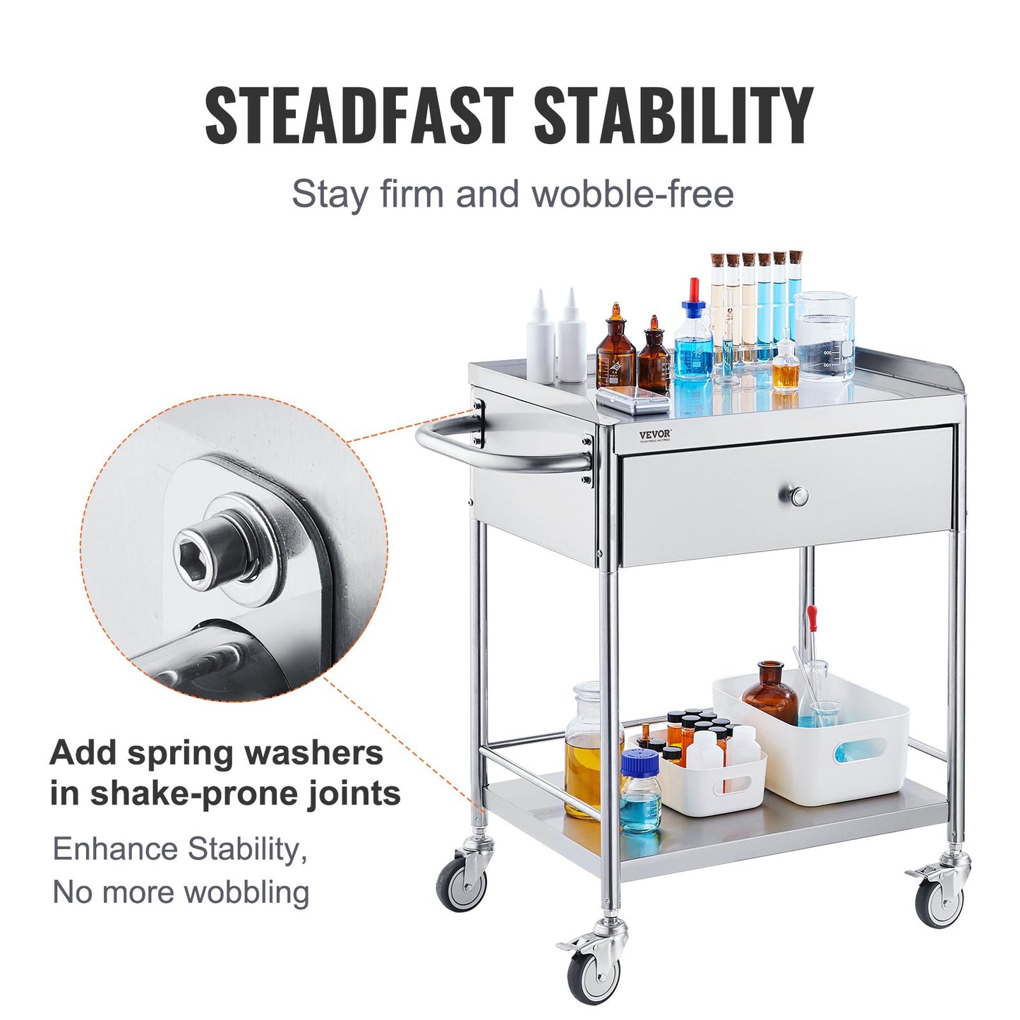BNIB-VEVOR Cart, 2-Layer Stainless Steel Cart 220 lbs Weight Capacity, Lab Utility Cart W/ 360°Silent Wheels