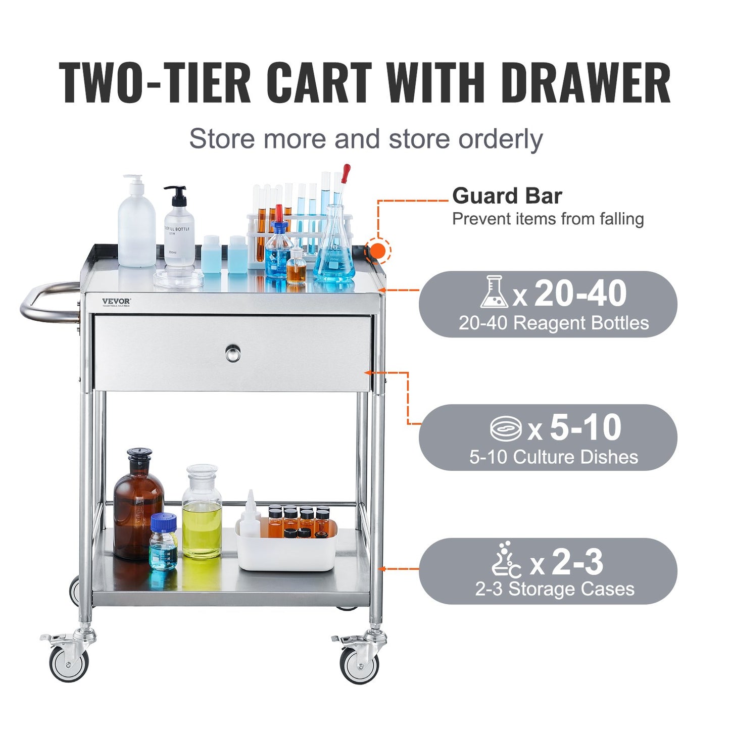 BNIB-VEVOR Cart, 2-Layer Stainless Steel Cart 220 lbs Weight Capacity, Lab Utility Cart W/ 360°Silent Wheels