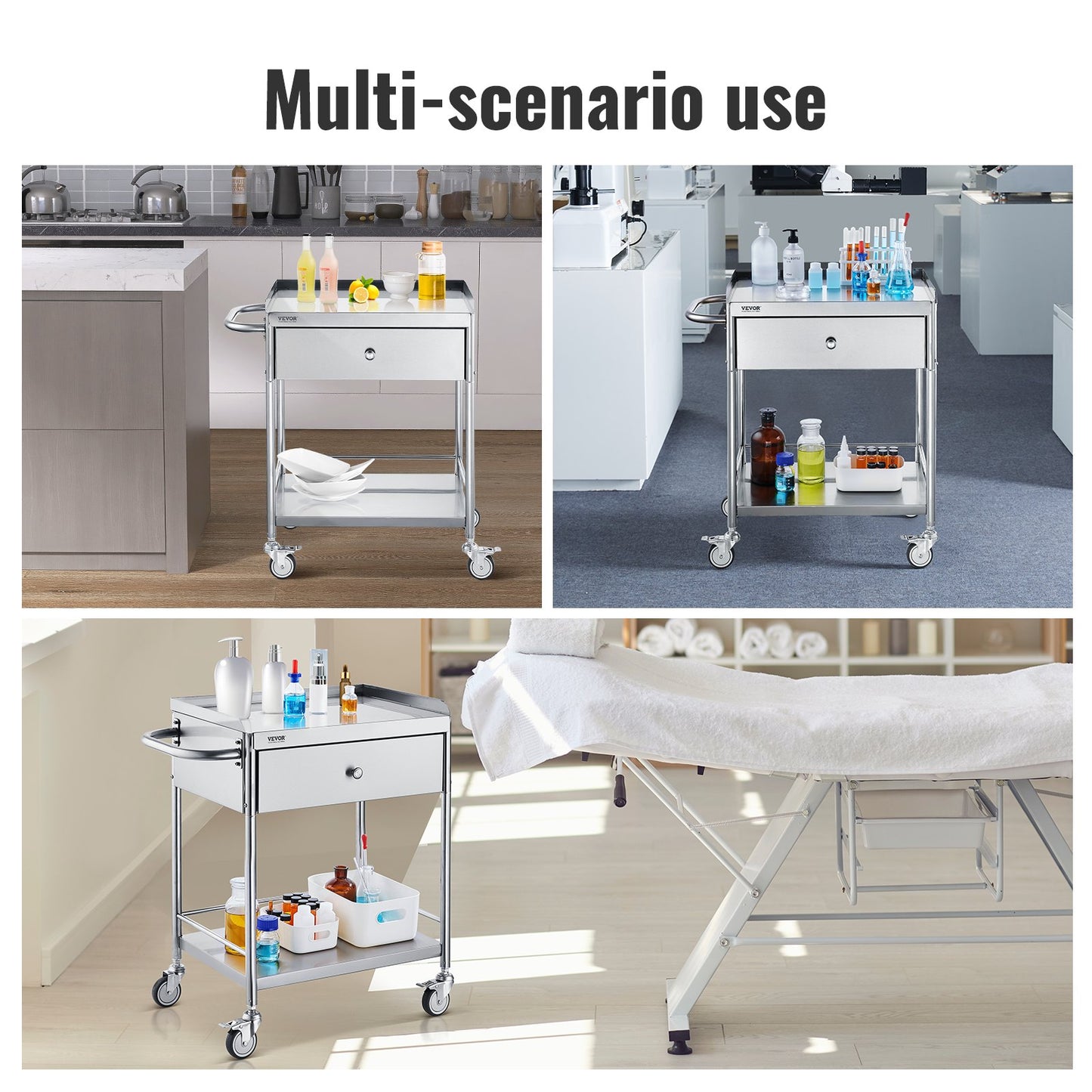 BNIB-VEVOR Cart, 2-Layer Stainless Steel Cart 220 lbs Weight Capacity, Lab Utility Cart W/ 360°Silent Wheels
