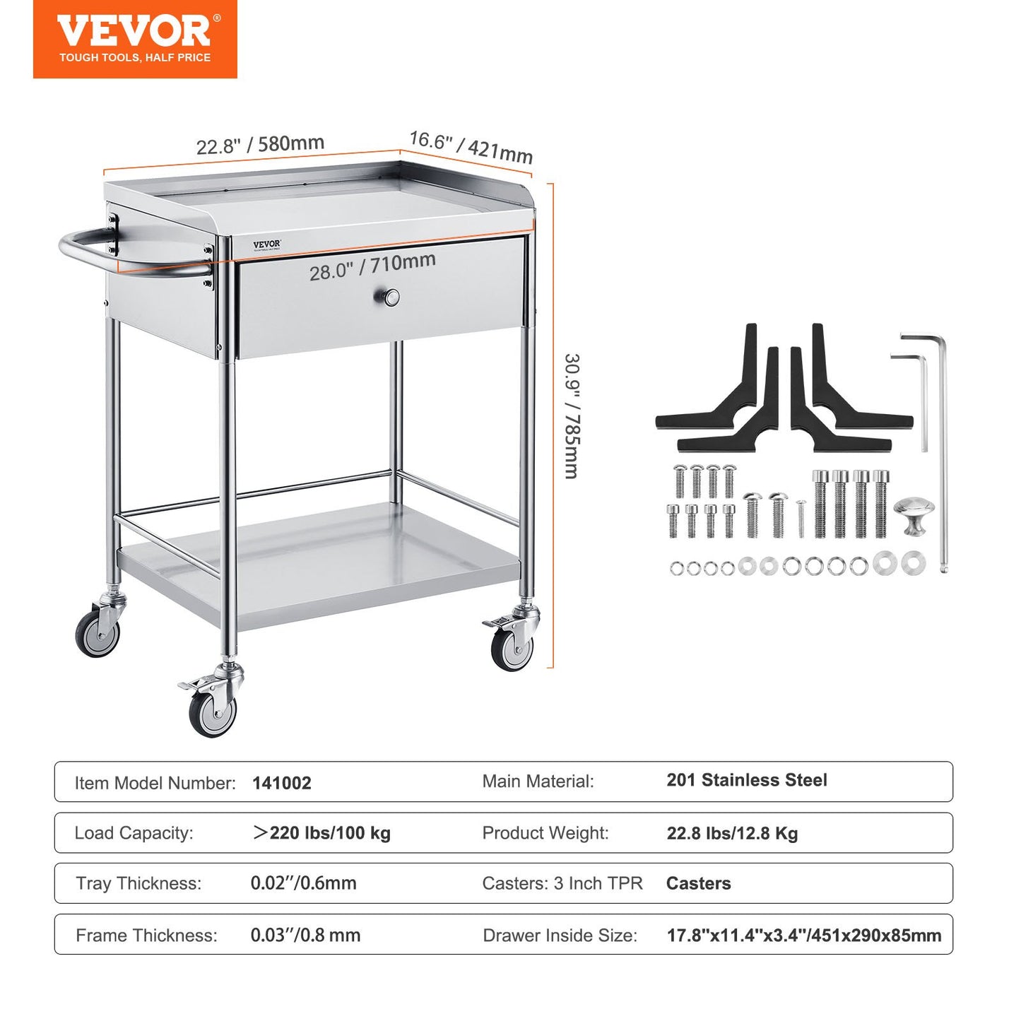 BNIB-VEVOR Cart, 2-Layer Stainless Steel Cart 220 lbs Weight Capacity, Lab Utility Cart W/ 360°Silent Wheels