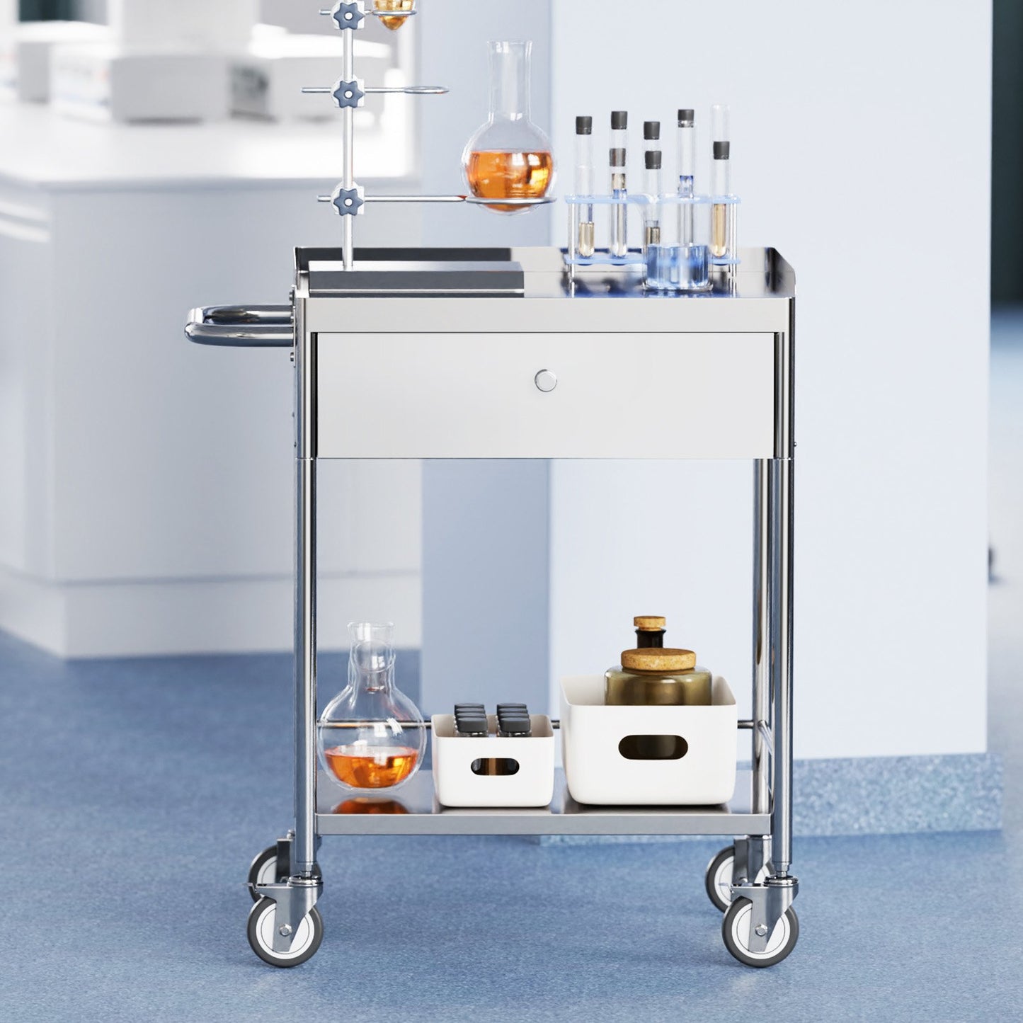 BNIB-VEVOR Cart, 2-Layer Stainless Steel Cart 220 lbs Weight Capacity, Lab Utility Cart W/ 360°Silent Wheels