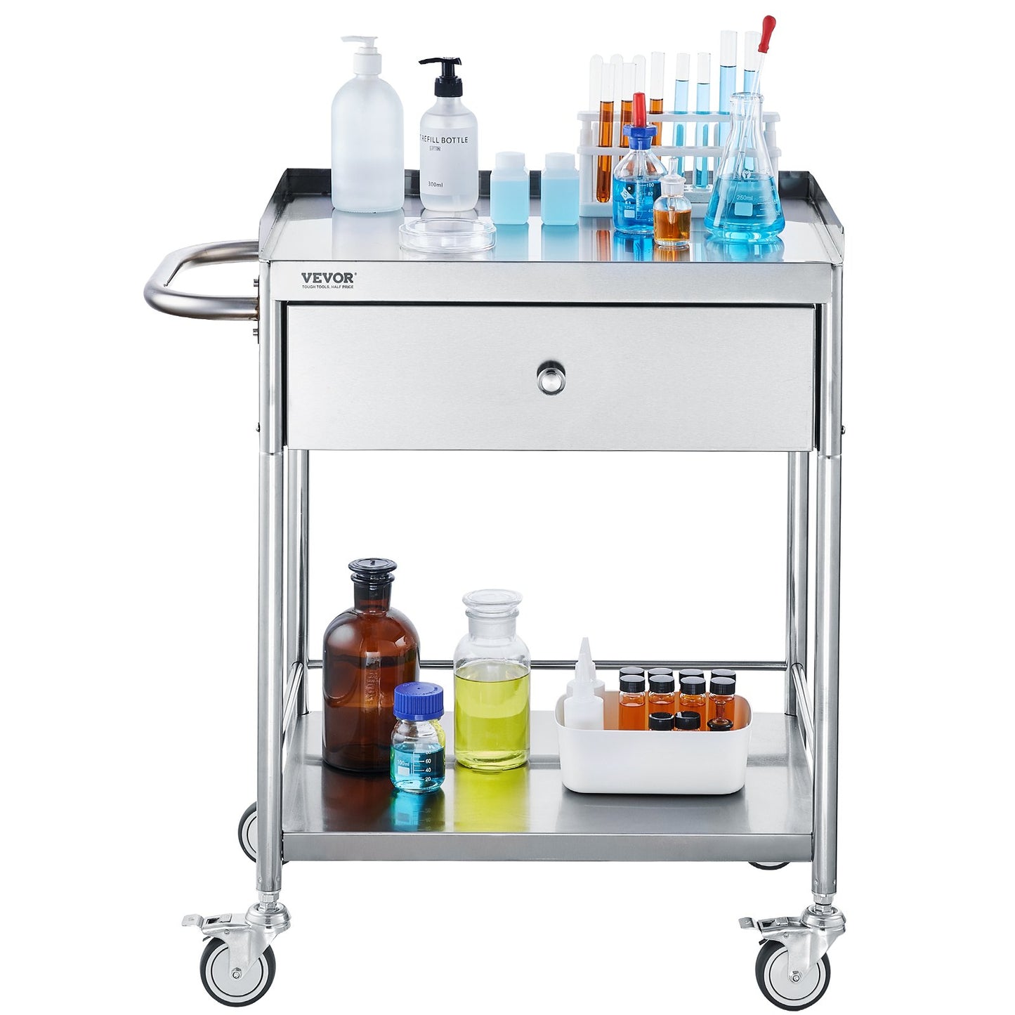 BNIB-VEVOR Cart, 2-Layer Stainless Steel Cart 220 lbs Weight Capacity, Lab Utility Cart W/ 360°Silent Wheels