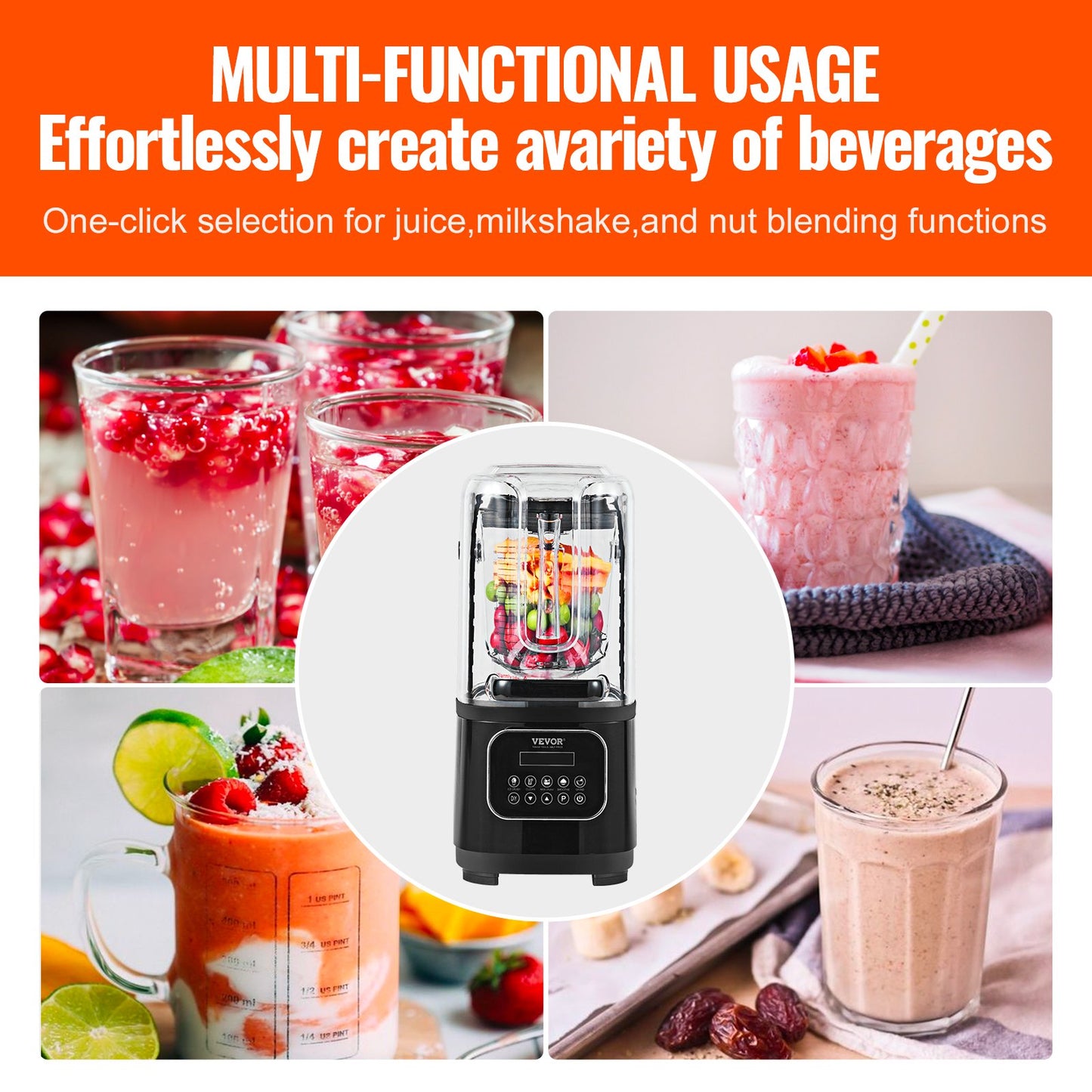 VEVOR Professional Blender with Shield, Commercial Countertop Blenders, 68 oz Blender Combo,Black,-$120