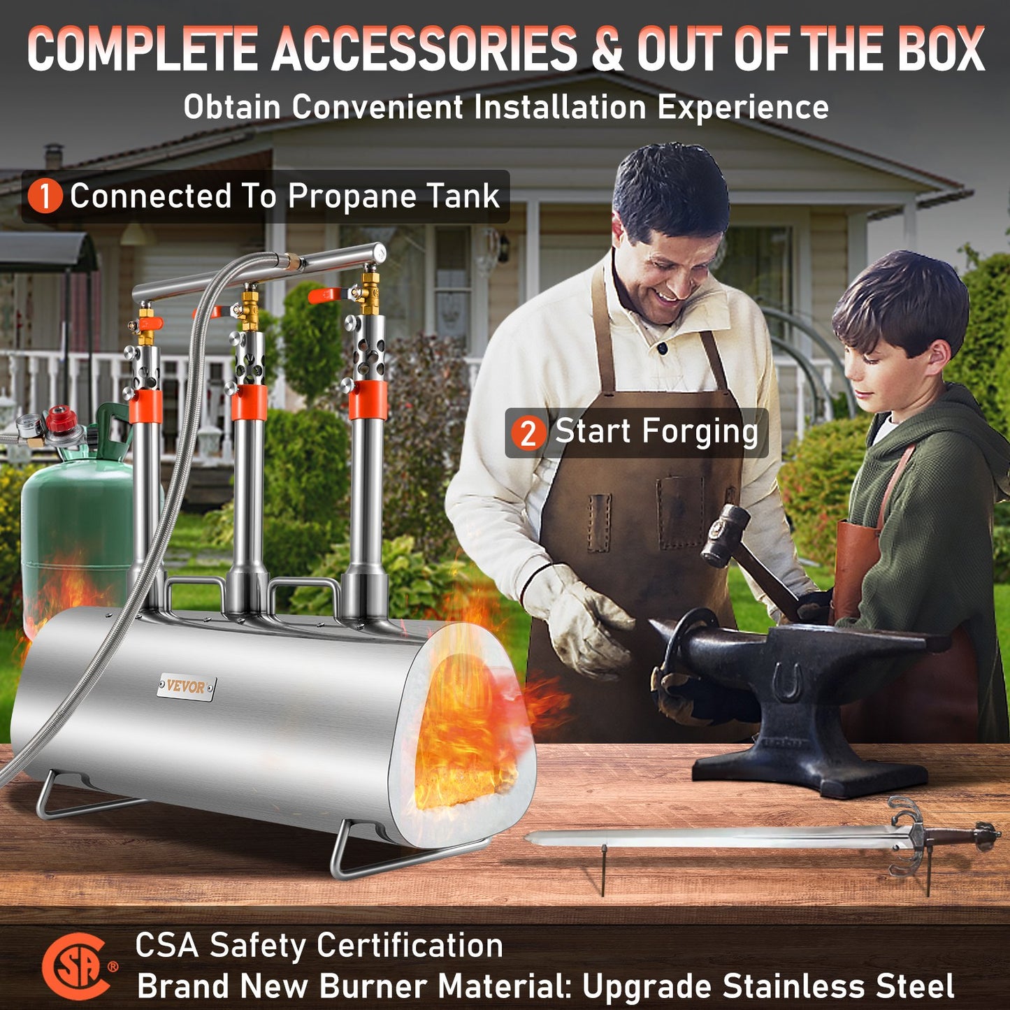 VEVOR Propane Forge Portable, Triple Burner Tool and Knife Making, Large Capacity Blacksmith Farrier,-$160