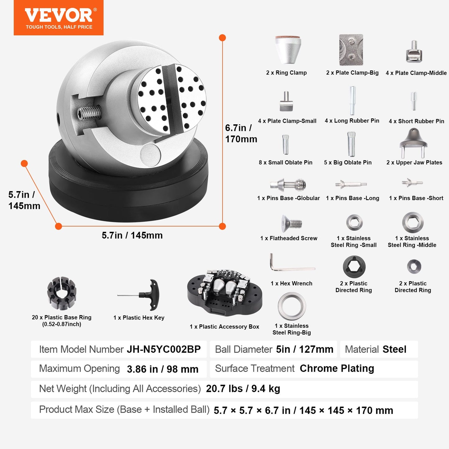 VEVOR Ball Vise, 5" Engraving Setting Tool, 360°Rotation Engraving Block Vise, 69 PCS Attachment,-$135