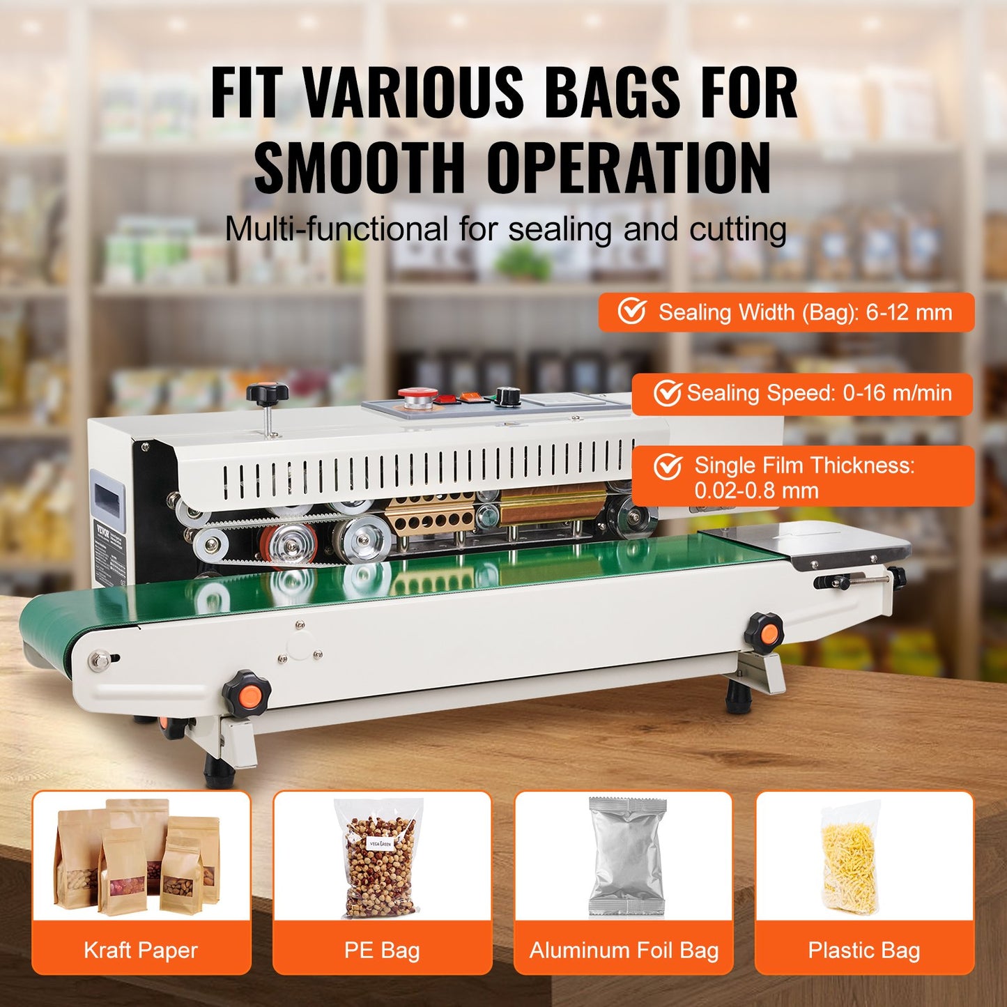 VEVOR Continuous Bag Band Sealing Machine Horizontal Band Sealer with Inflation,-$220