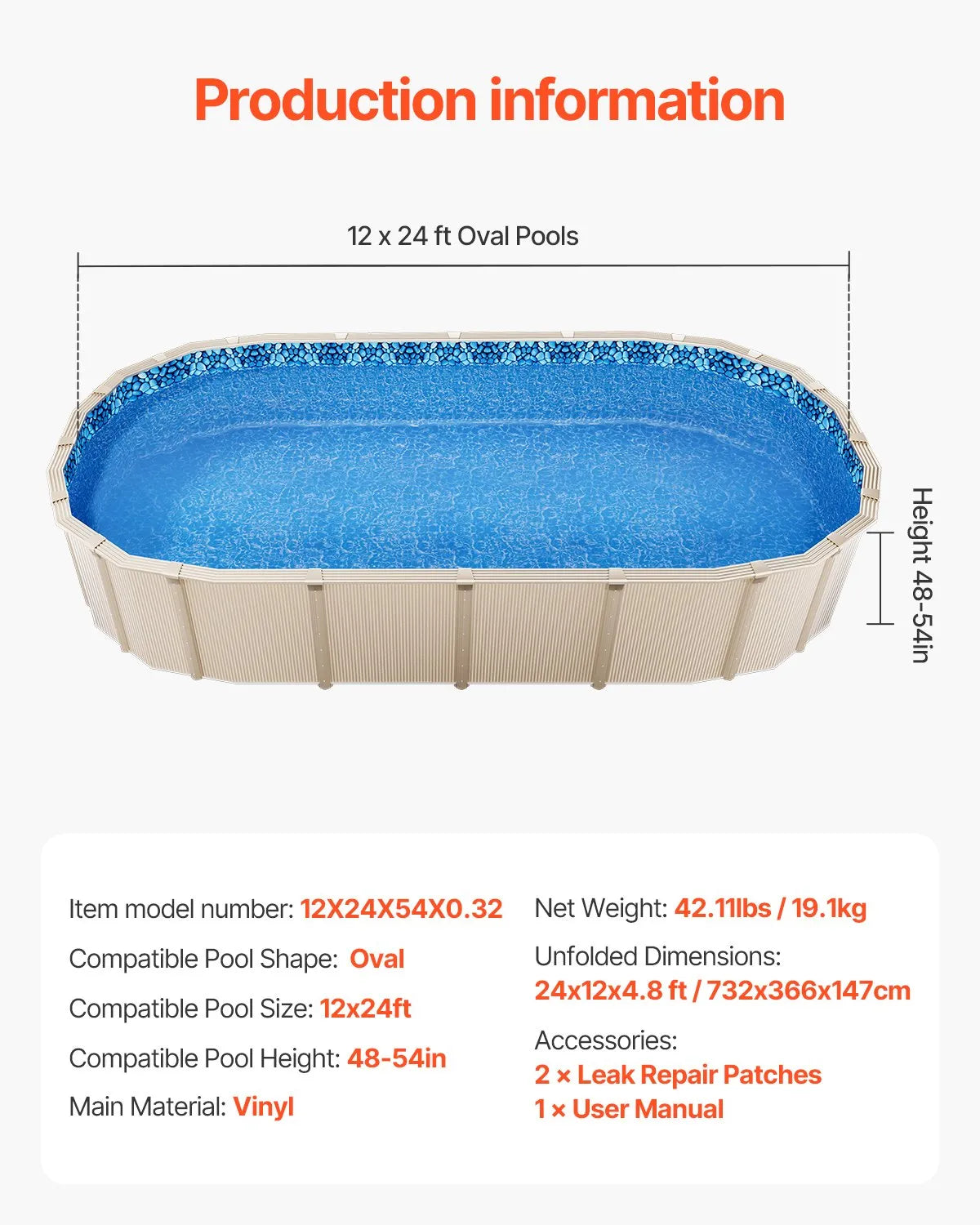 VEVOR 12 x 24 ft Oval Pool Liner, Overlap Style Above Ground Pool Liners, 48-to-54inch Wall Height,-$130