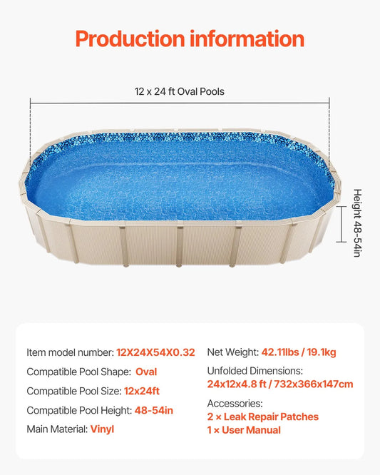 VEVOR 12 x 24 ft Oval Pool Liner, Overlap Style Above Ground Pool Liners, 48-to-54inch Wall Height,-$130