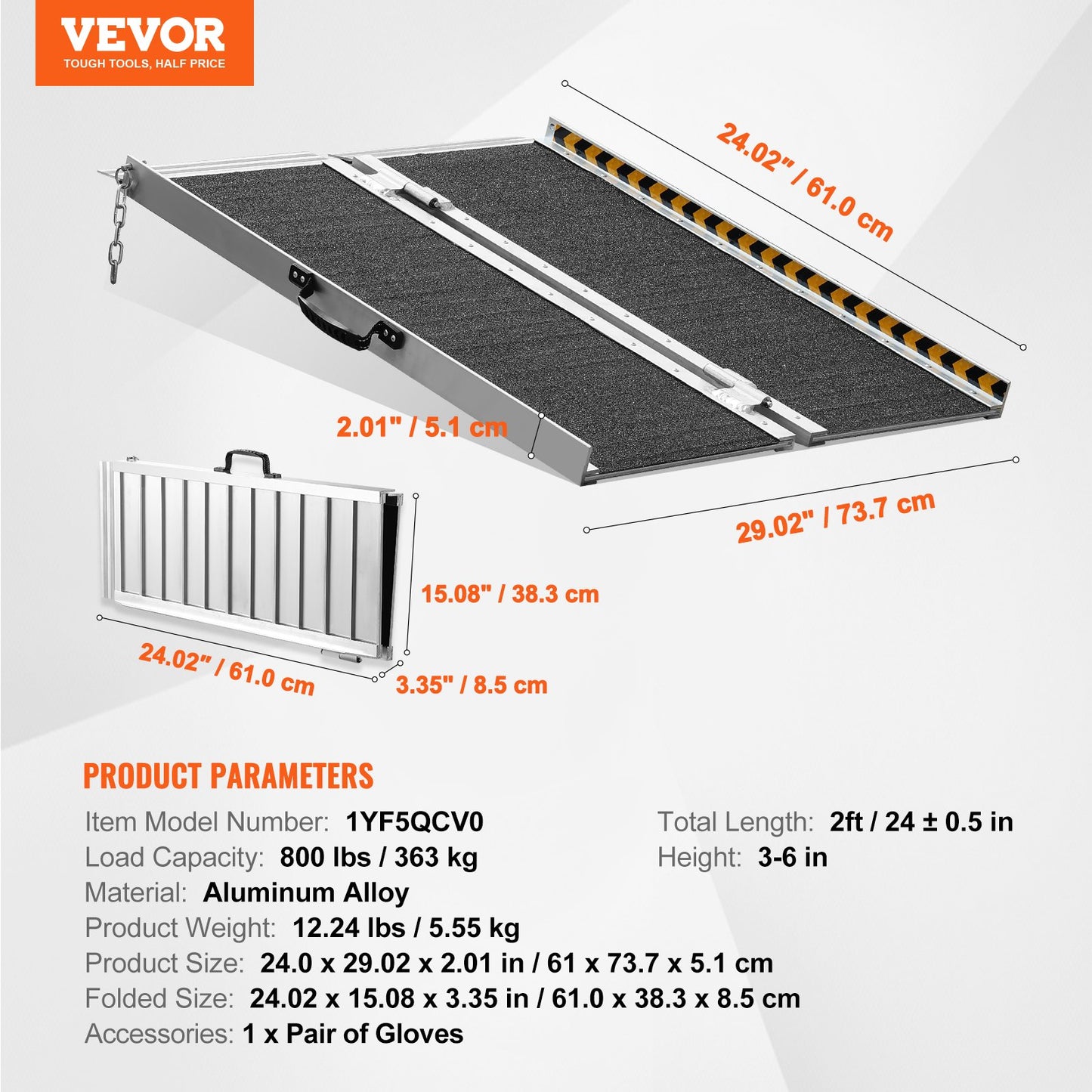 VEVOR Portable Wheelchair Ramp, 2 ft 800 lbs Capacity, Non-Slip Aluminum Folding Threshold Ramp,-$60