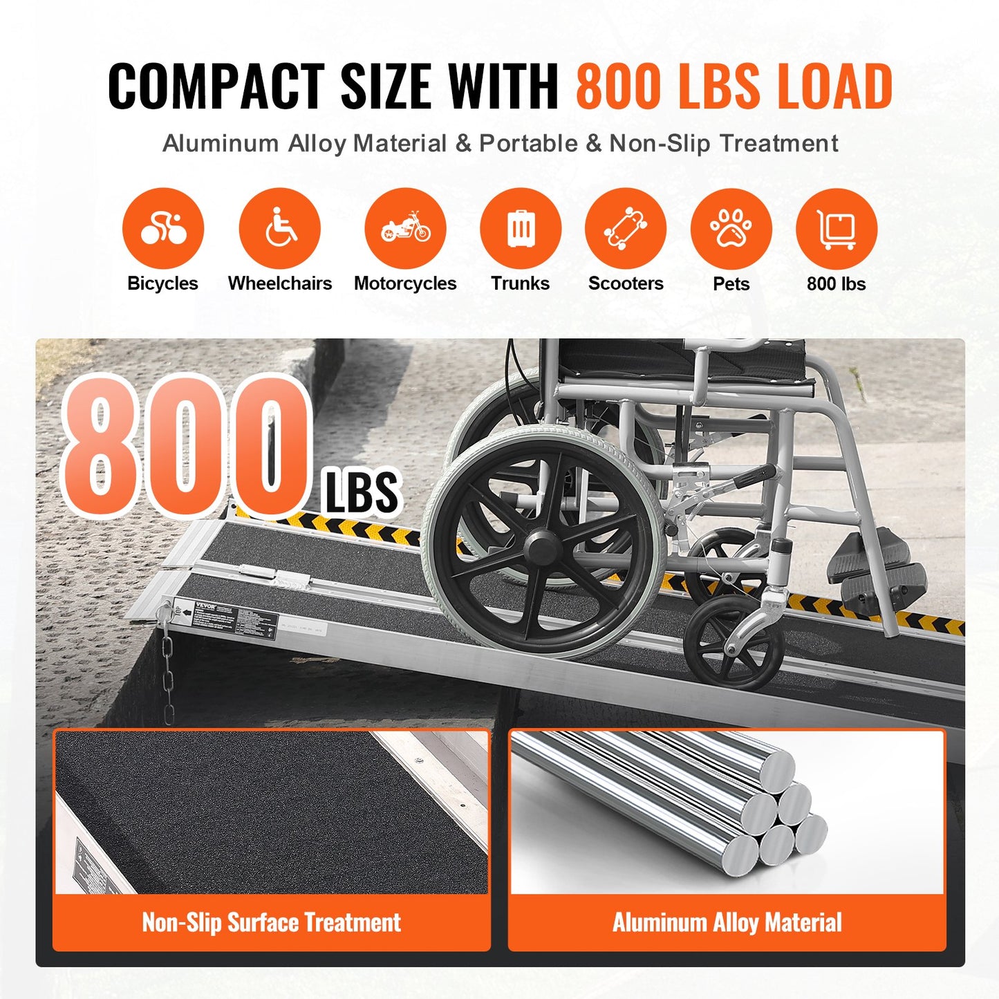 VEVOR Portable Wheelchair Ramp, 6 ft 800 lbs Capacity, Non-Slip Aluminum Folding Threshold Ramp,-$180