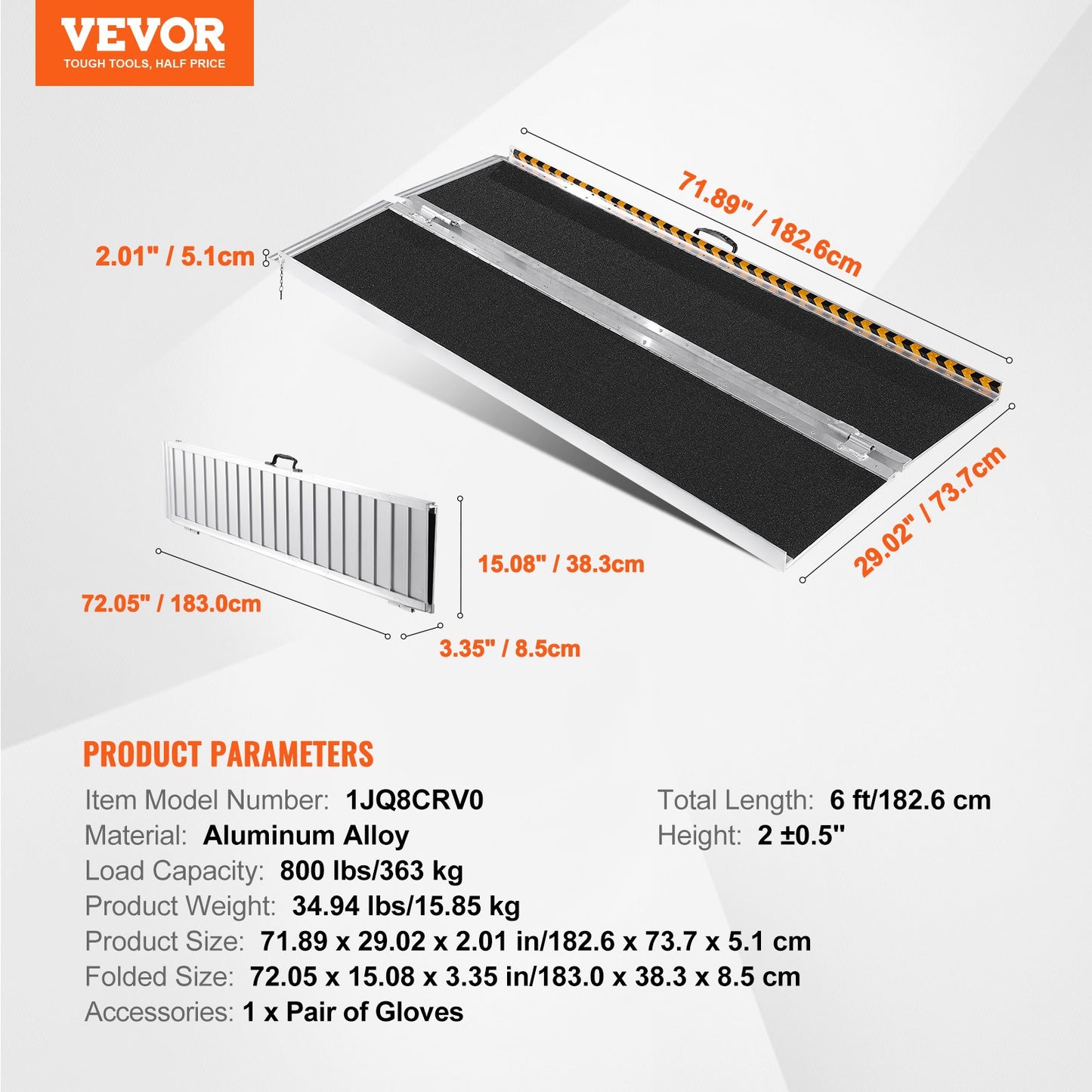 VEVOR Portable Wheelchair Ramp, 6 ft 800 lbs Capacity, Non-Slip Aluminum Folding Threshold Ramp,-$180