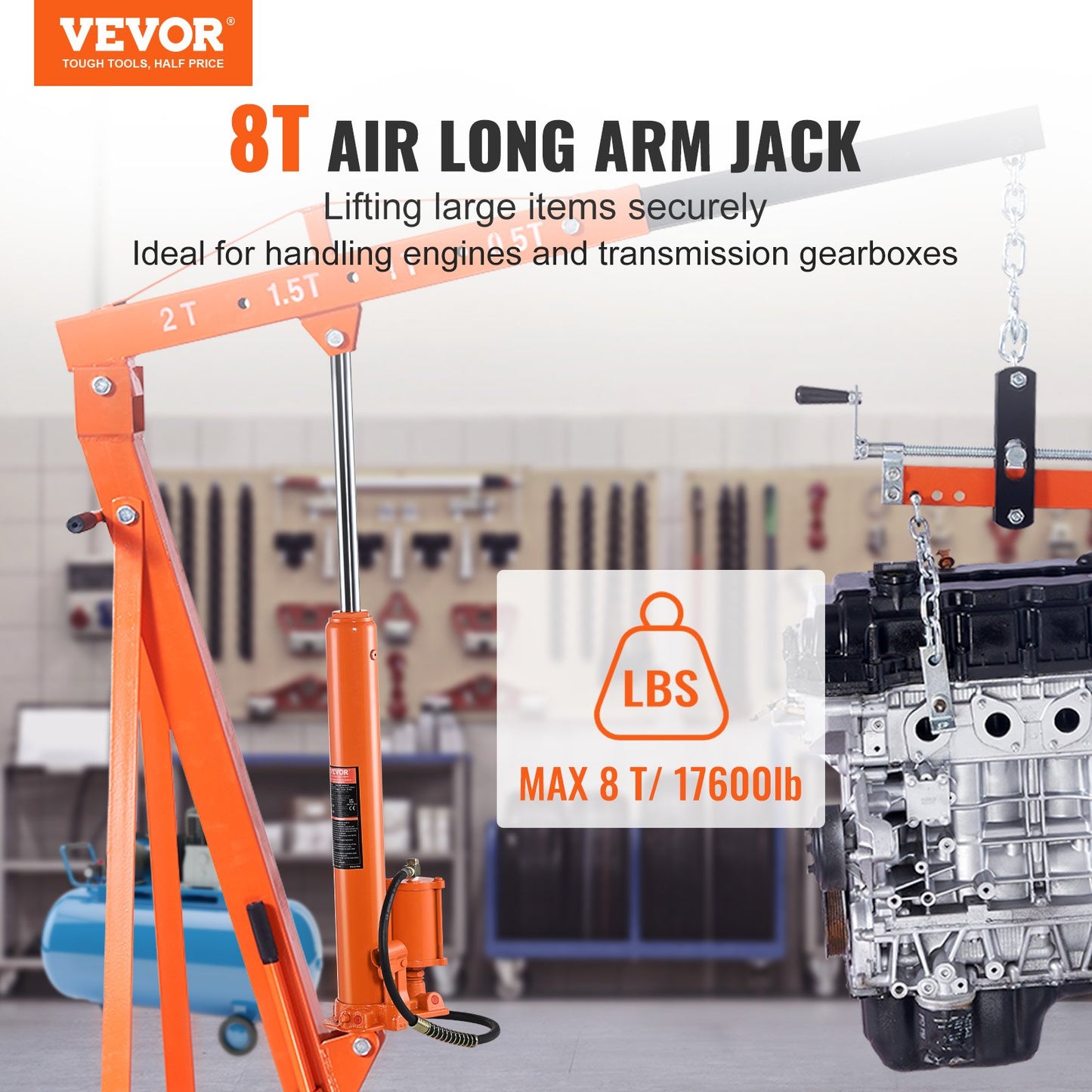 VEVOR Hydraulic Long Ram Jack, 8 Ton Engine Hoist Cylinder with Air Pump and Single Piston Pump-$90