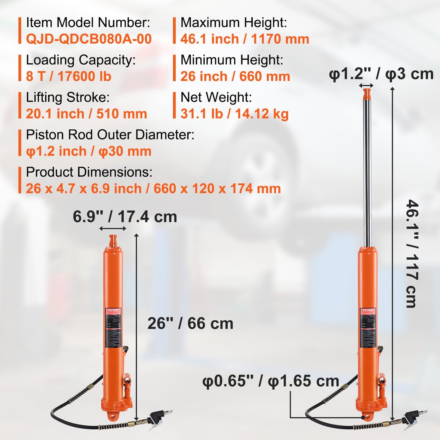 VEVOR Hydraulic Long Ram Jack, 8 Ton Engine Hoist Cylinder with Air Pump and Single Piston Pump-$90