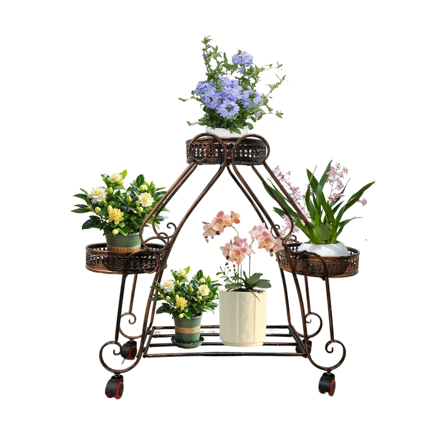 Brand New Red Copper Flower Stand w/Rolling Casters, Multi-Tiered Round Planter Rack, Indoor & Patio Display