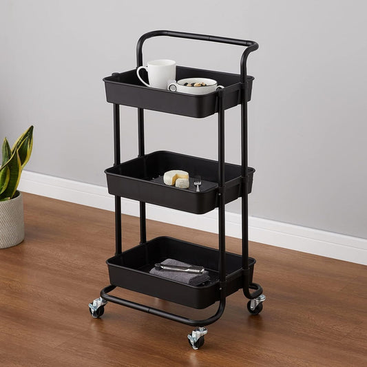 Brand New Amazon Basics 3-Tier Rolling Utility Cart | Classic Black with Handle
