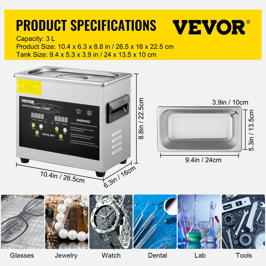 VEVOR Ultrasonic Cleaner 3L Ultrasonic Parts Cleaner 200W 40KHz Stainless Steel Ultrasonic Jewelry,-$45