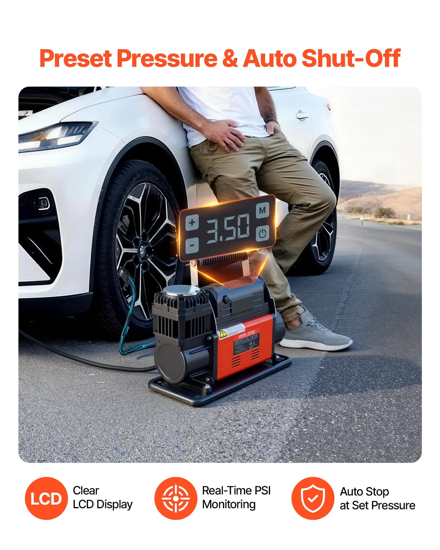 VEVOR 12V Heavy Duty Air Compressor, Auto-Stop Portable Tire Inflator with LCD Digital Display,-$110