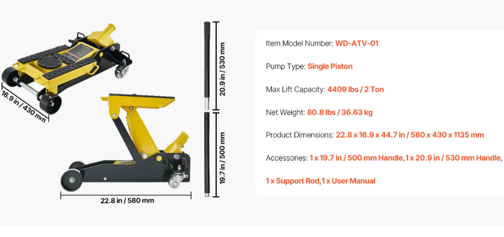 VEVOR Low Profile Floor Jack, 2 Ton (4409 lbs) Capacity, Steel Racing Floor Jack with Single Piston,-$165