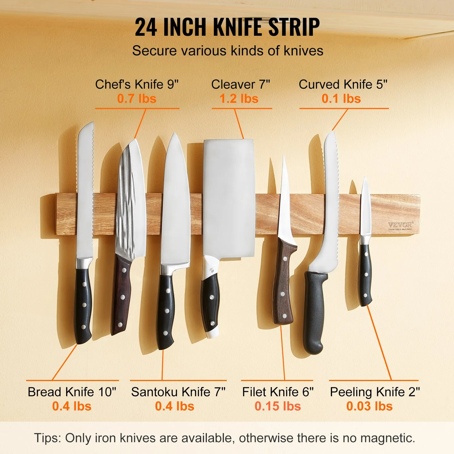 VEVOR Magnetic Knife Holder with Enhanced Strong Magnet, 24" No Drilling Knife Strips Organizer for Wall