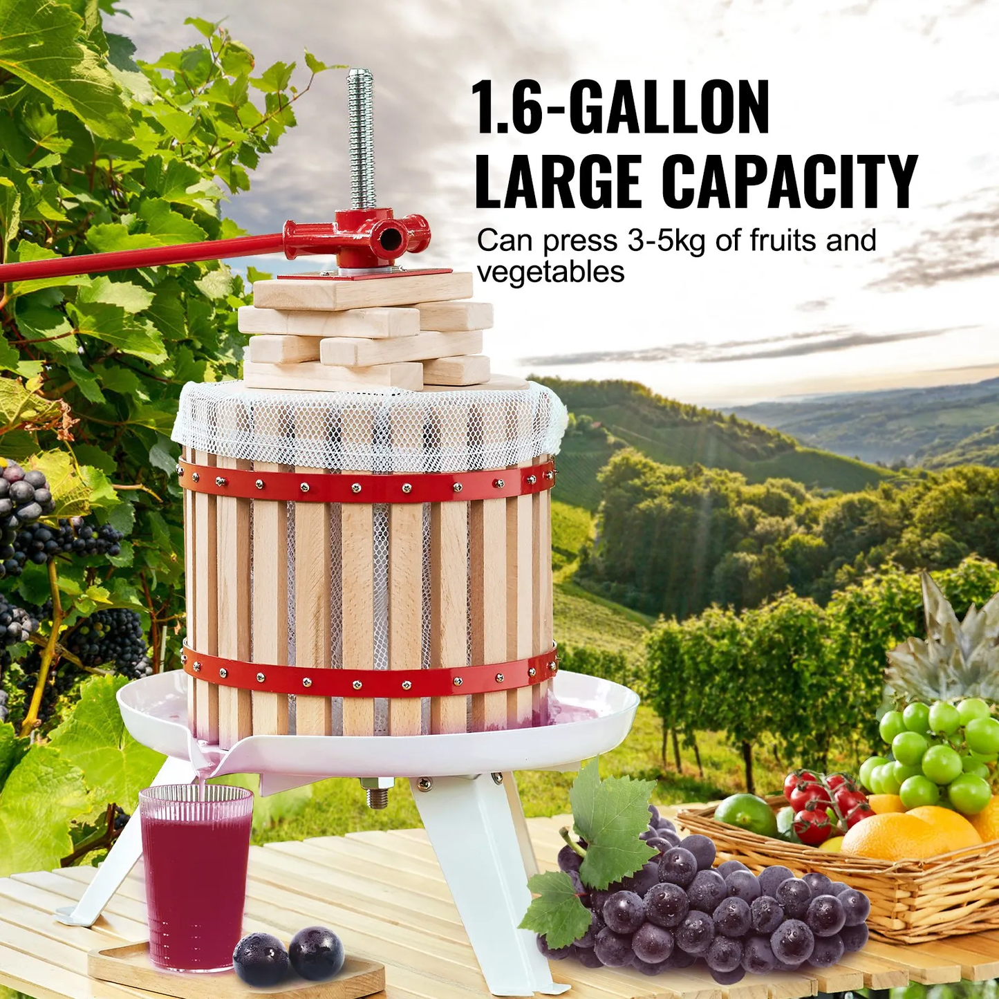 VEVOR Fruit Wine Press, 1.6 Gal/6.4L, Solid Wood Basket with 6 Blocks, Manual Juice Maker,-$45